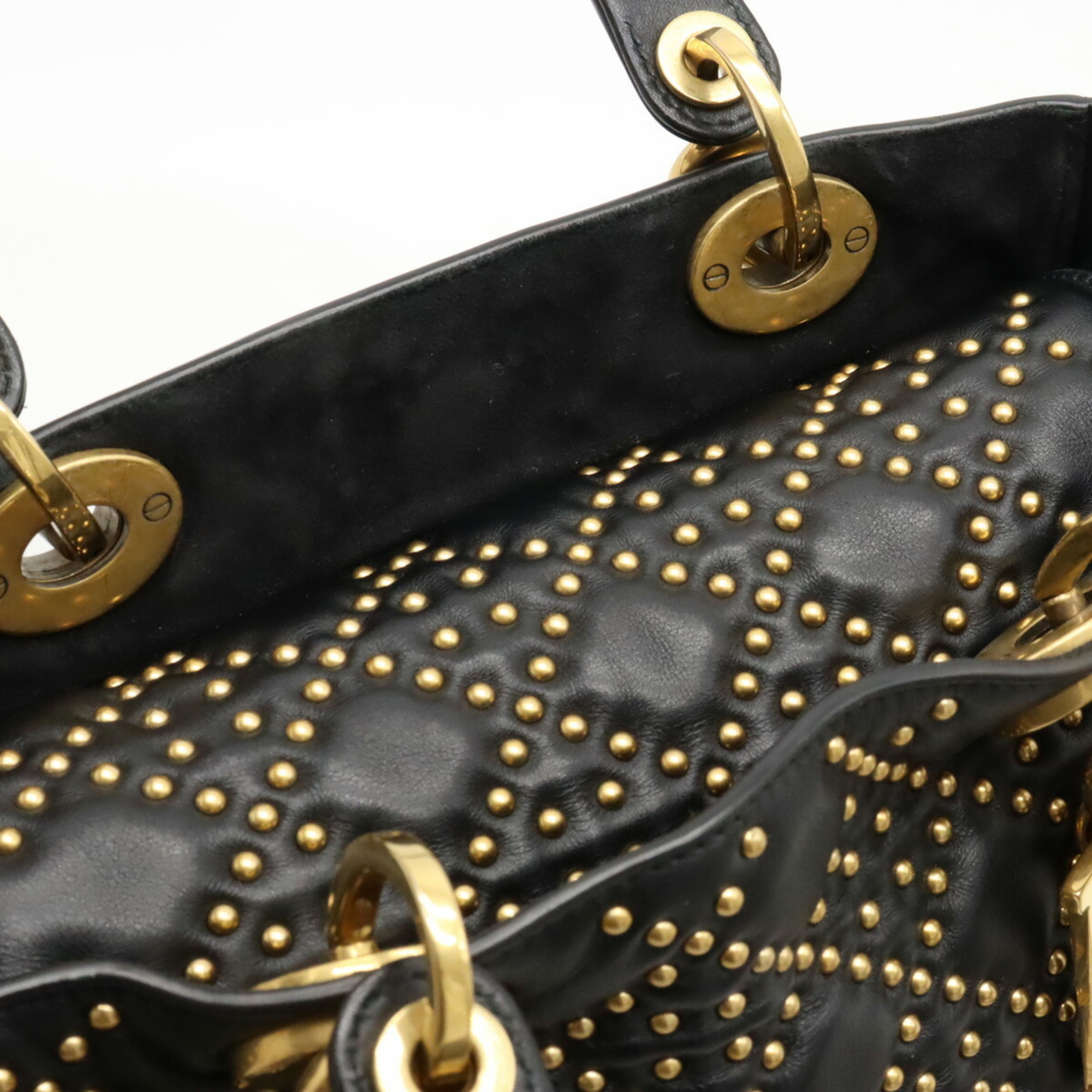 Christian Dior Lady M Medium Studs Handbag Shoulder Bag Leather Black