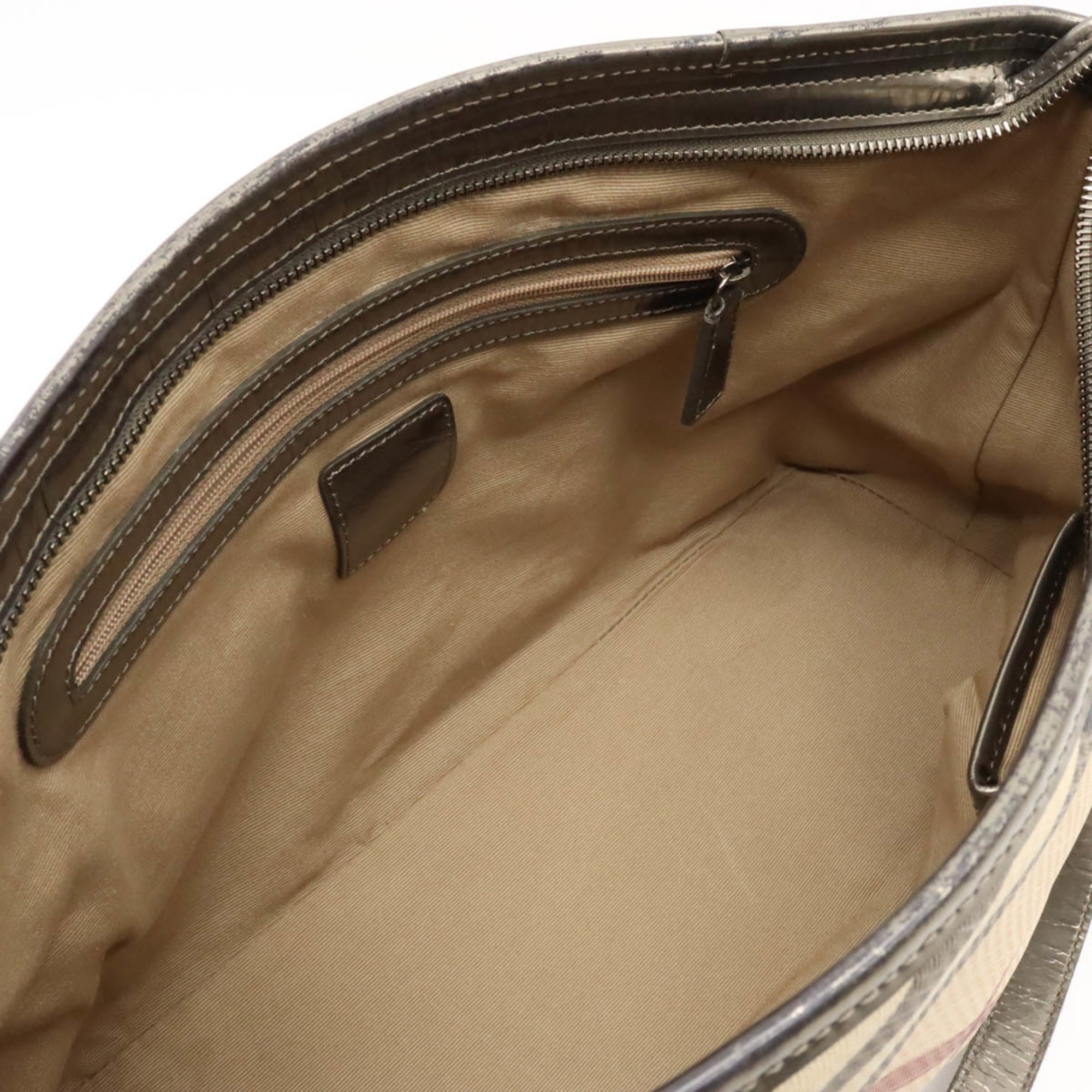 BURBERRY Nova Check Pattern Tote Bag Shoulder PVC Metallic Leather Beige Khaki Gold