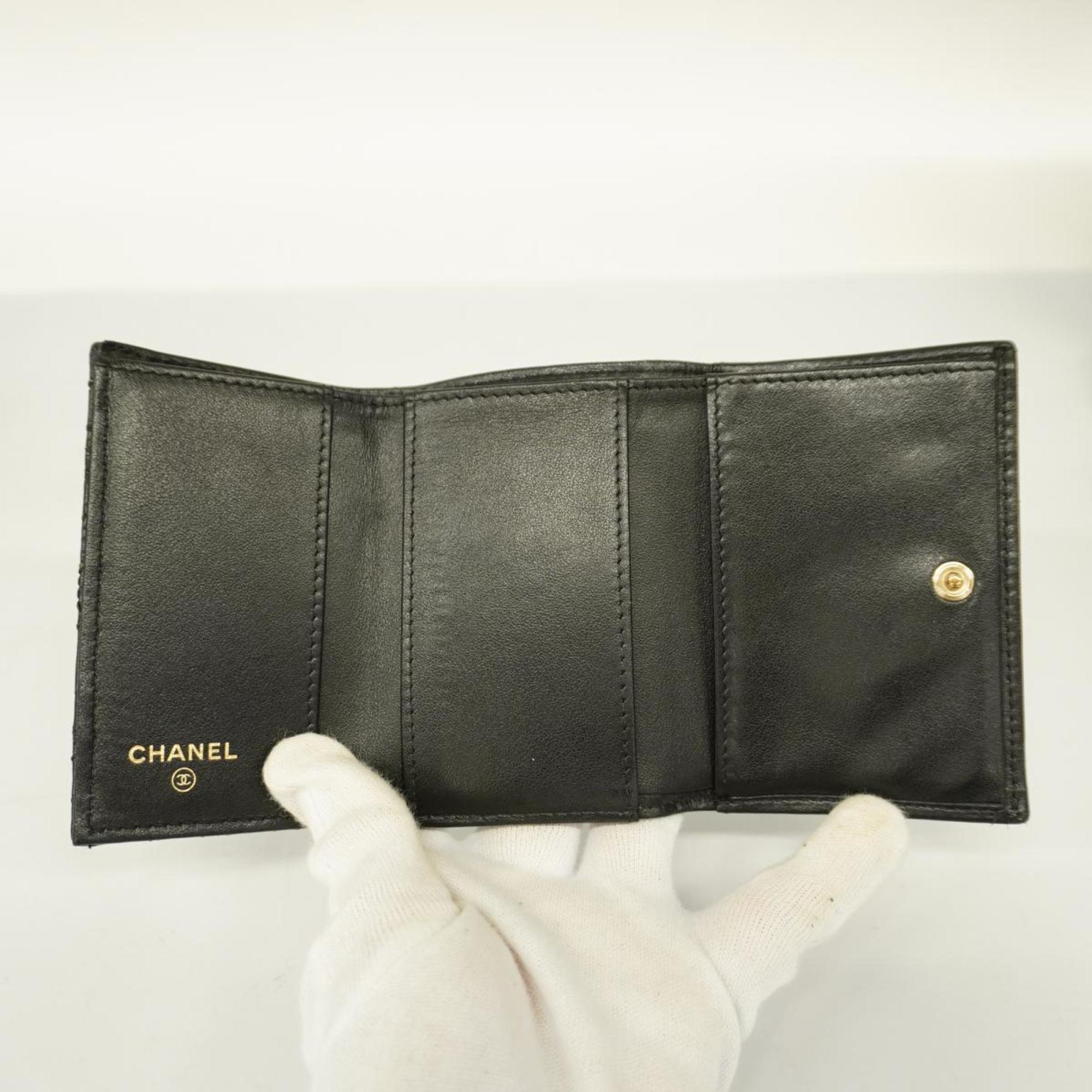 Chanel Tri-fold Wallet Camellia Lambskin Black Women's