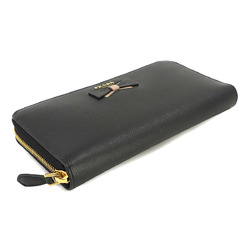 PRADA Ribbon Round Long Wallet Saffiano Leather Black Beige 1ML506 Gold Hardware