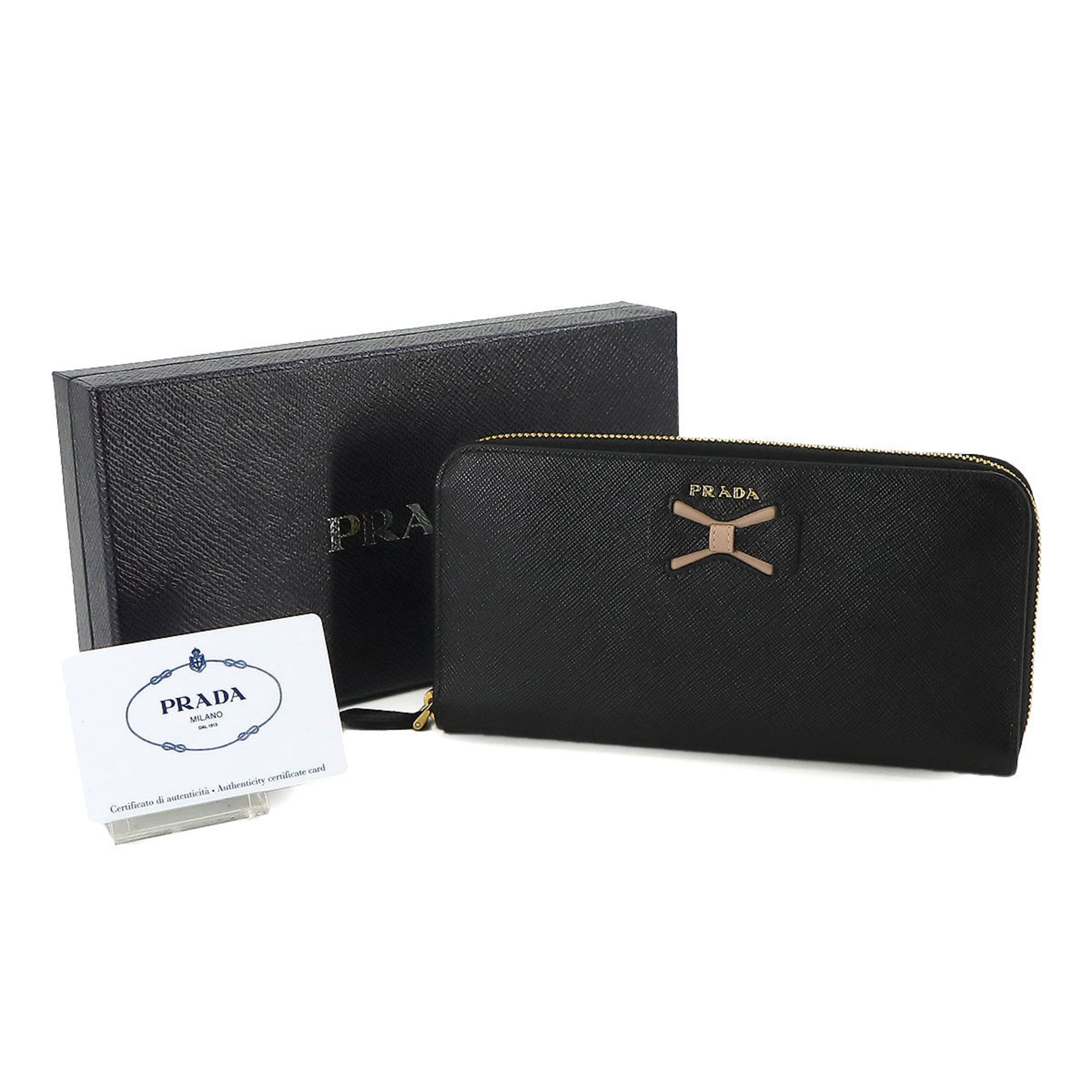 PRADA Ribbon Round Long Wallet Saffiano Leather Black Beige 1ML506 Gold Hardware