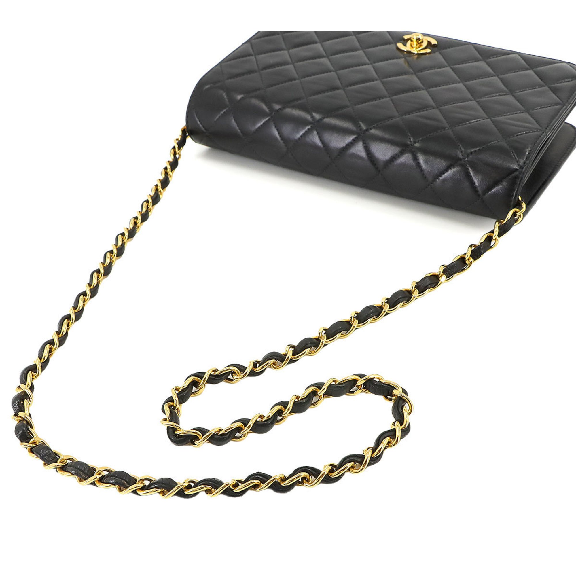 CHANEL Matelasse Chain Shoulder Bag Leather Black Gold Metal Fittings Turn Lock A03568