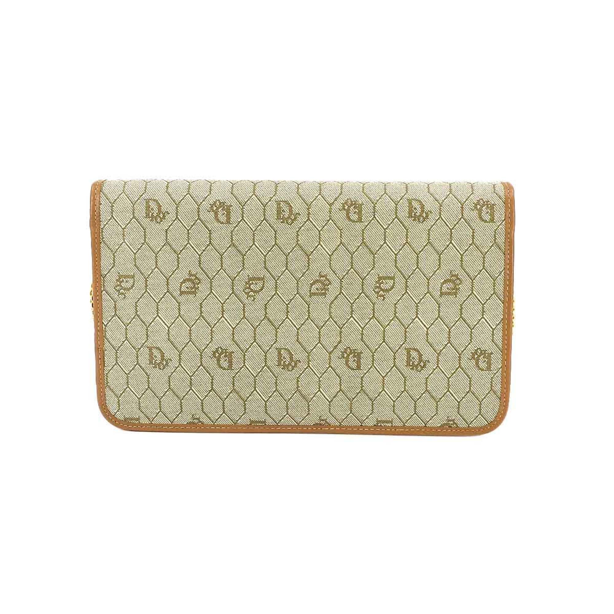 Christian Dior Honeycomb Pattern 2way Clutch Shoulder Bag PVC Beige Gold Metal Fittings