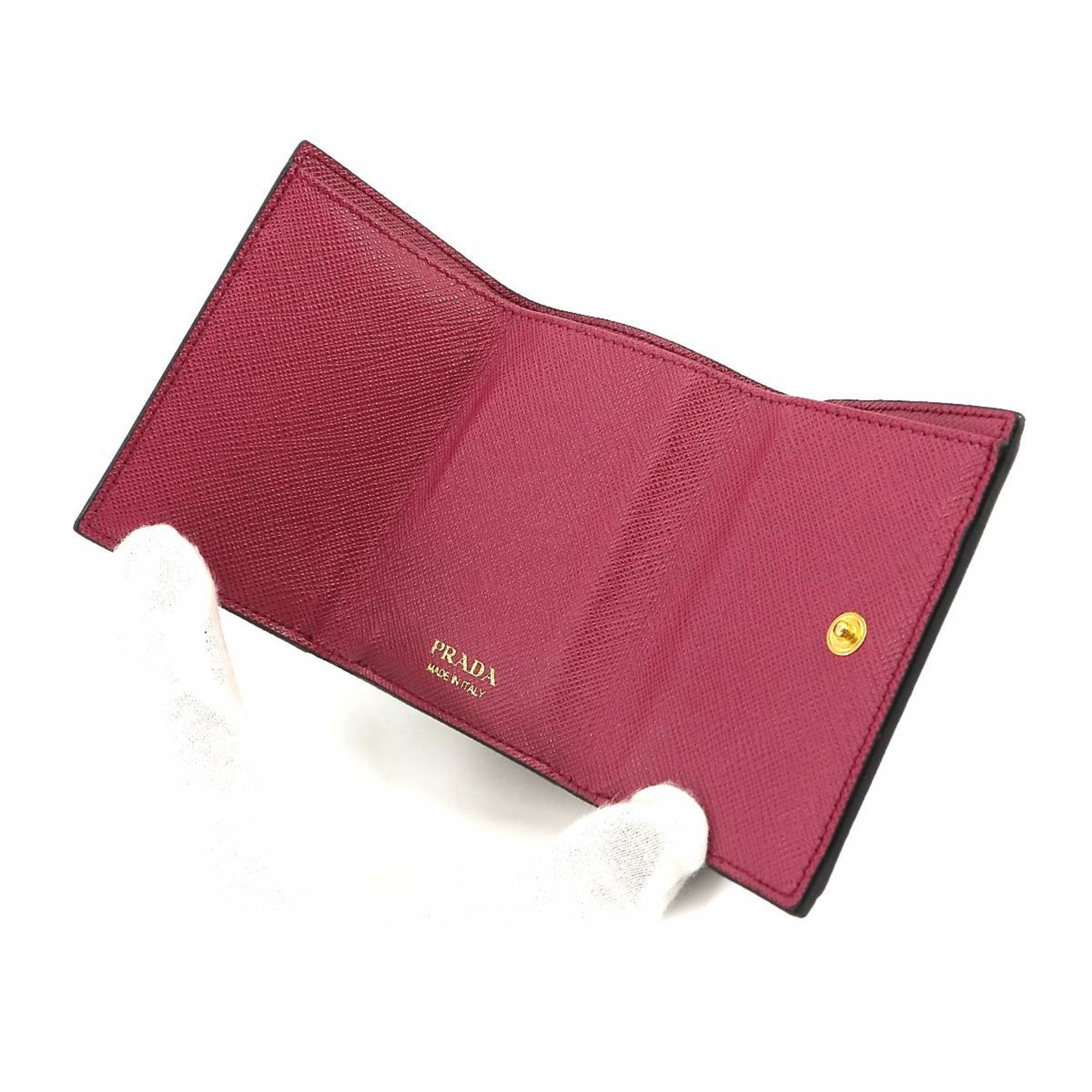 PRADA Tri-fold Wallet Saffiano Leather Black Pink 1MH021 Gold Hardware