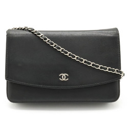 CHANEL Sevruga Caviar Skin Coco Mark Chain Wallet Shoulder Bag Leather Black 6316