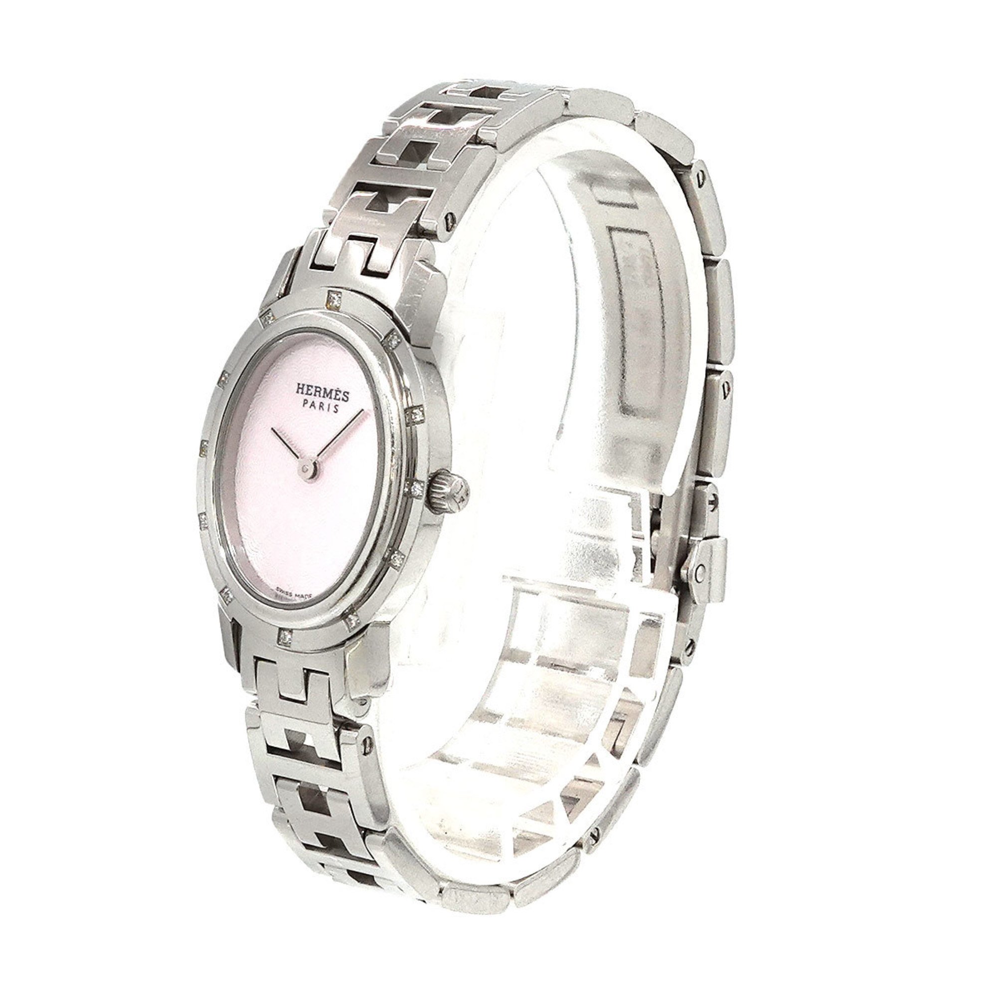 Hermes HERMES Clipper Nacré Oval CO1 230 Ladies' Watch Diamond Bezel Pink Shell Dial Quartz