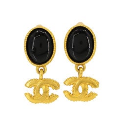 CHANEL Coco Mark Color Stone Swing Earrings Black Gold 96A