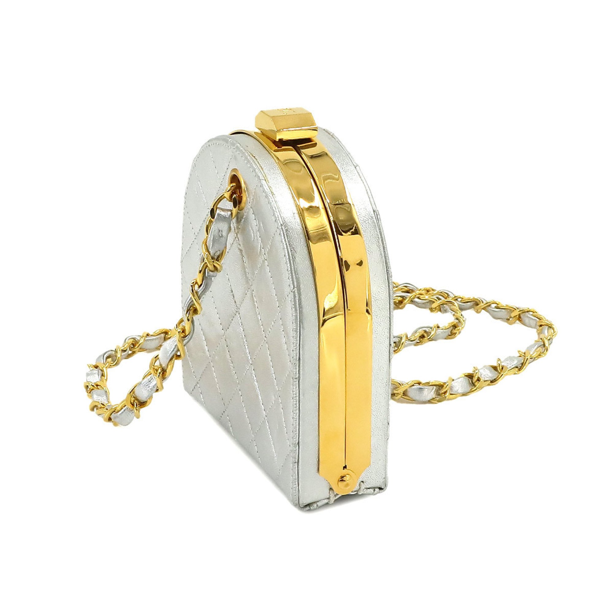 CHANEL Matelasse Chain Shoulder Bag Leather Silver Gold Hardware
