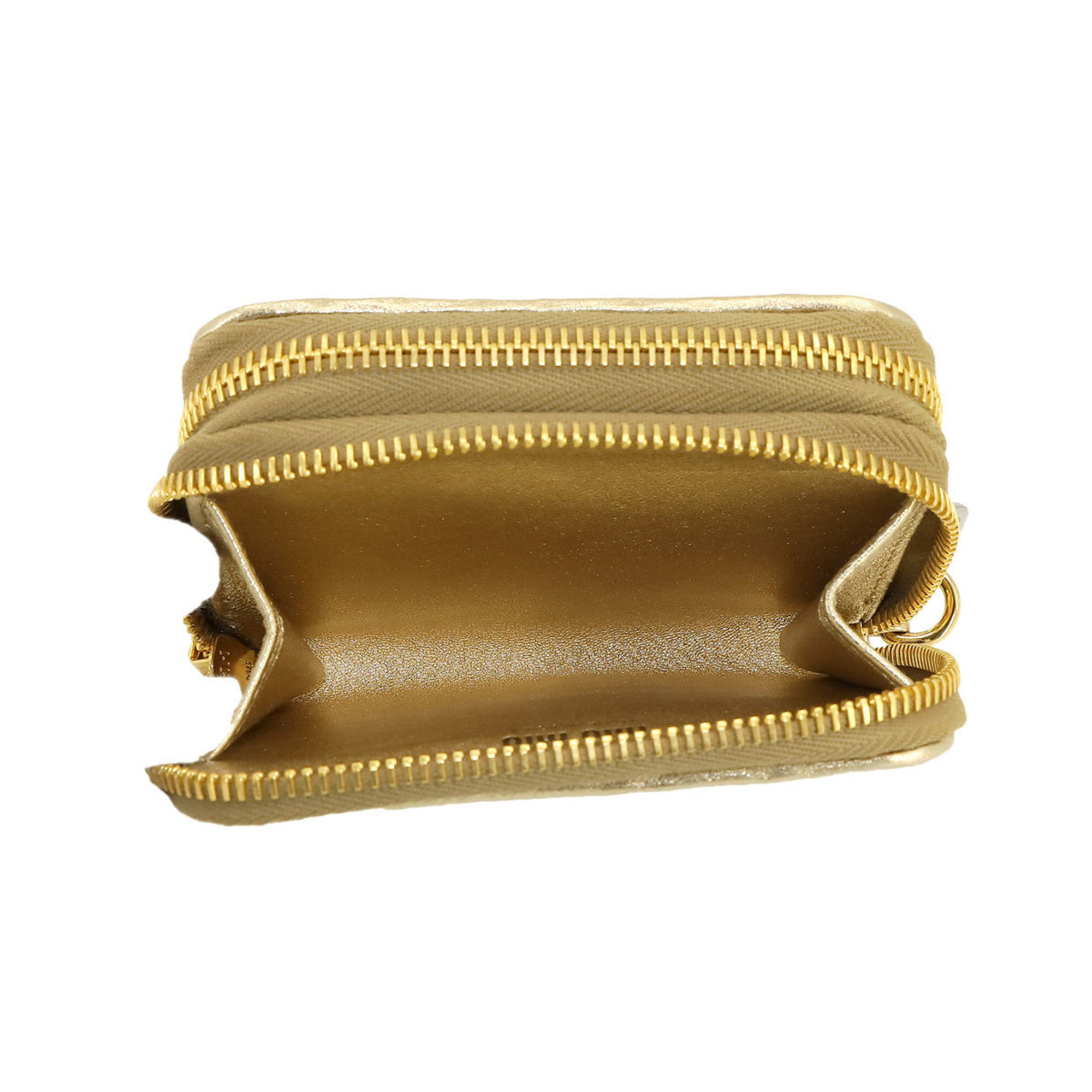 Miu Miu Miu Matelasse Card Case Coin Purse Leather Gold 5MC078 with Strap