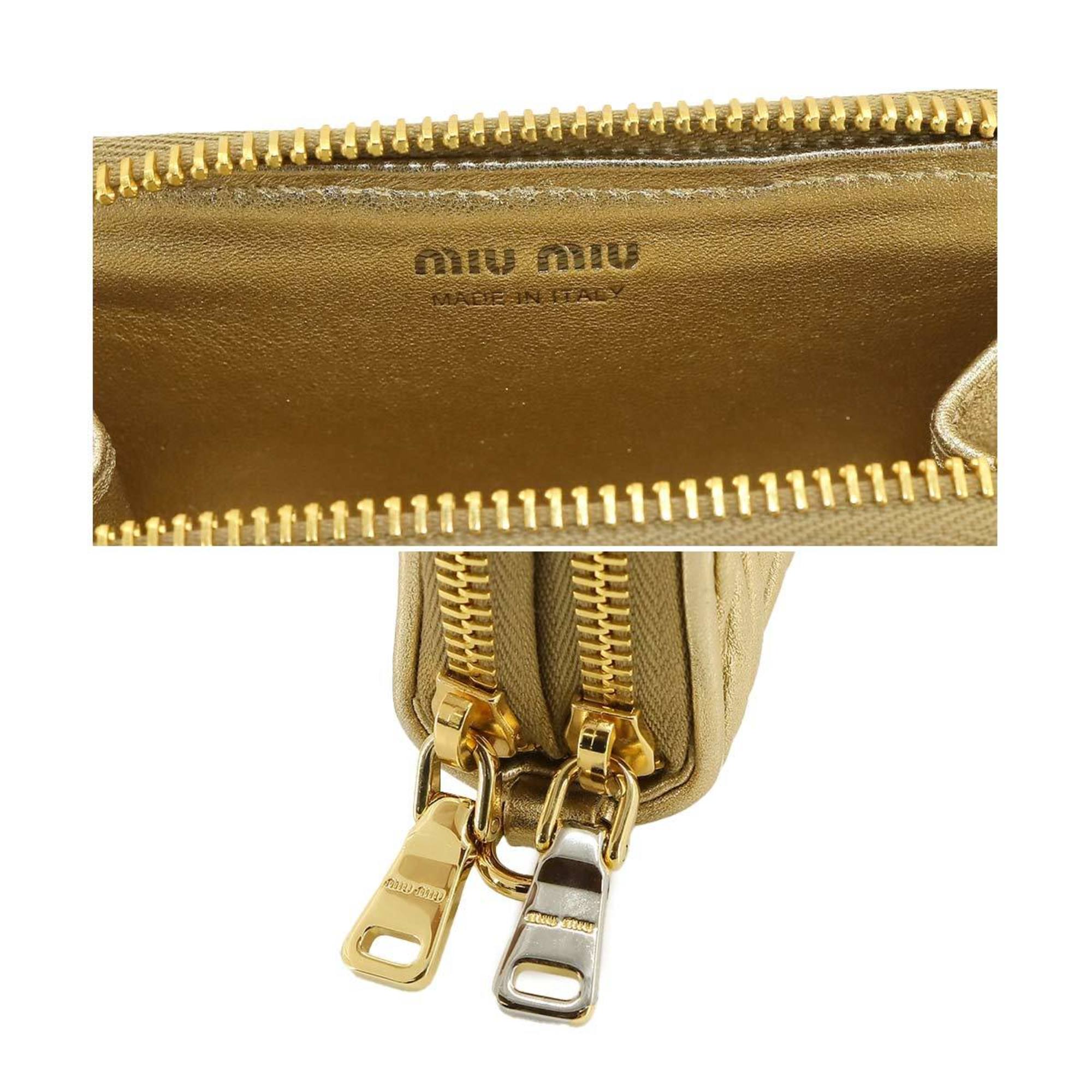 Miu Miu Miu Matelasse Card Case Coin Purse Leather Gold 5MC078 with Strap