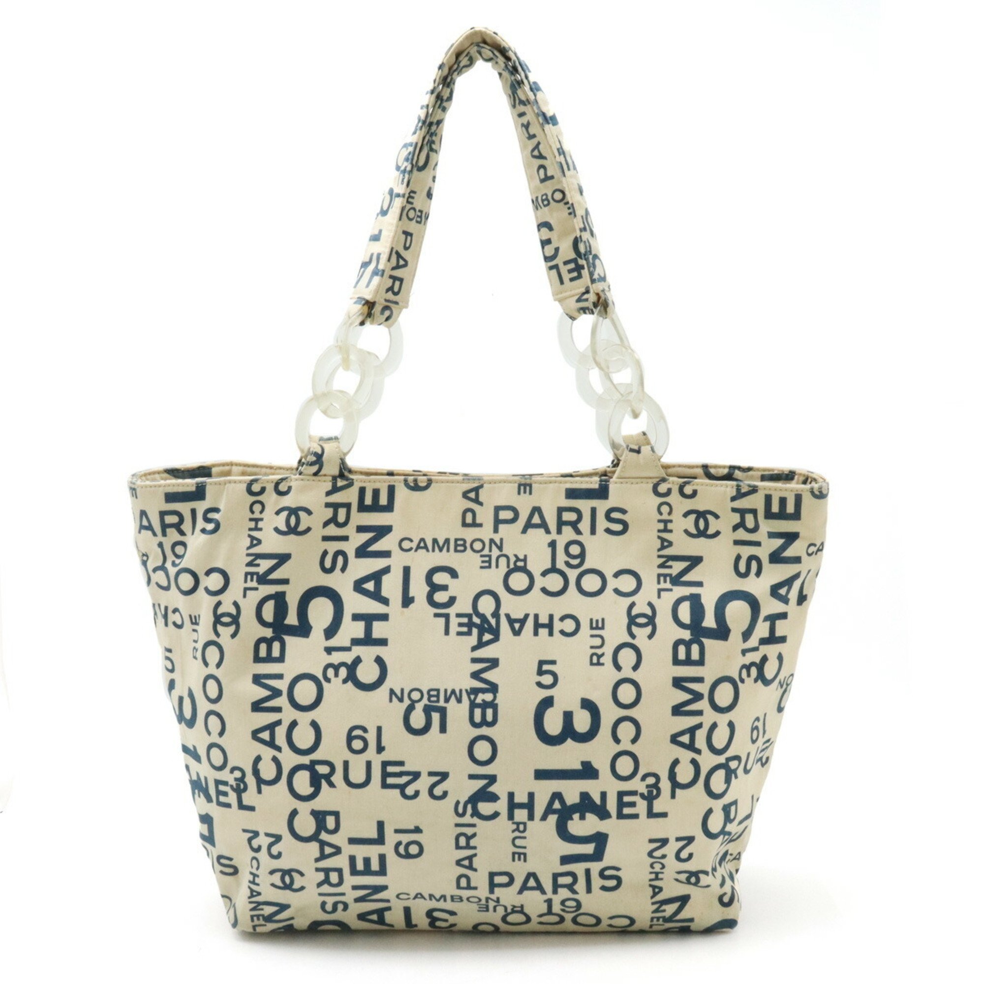CHANEL Chanel By Sea Line Tote Bag Large Plastic Chain Canvas Ivory Blue A18303