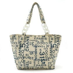 CHANEL Chanel By Sea Line Tote Bag Large Plastic Chain Canvas Ivory Blue A18303