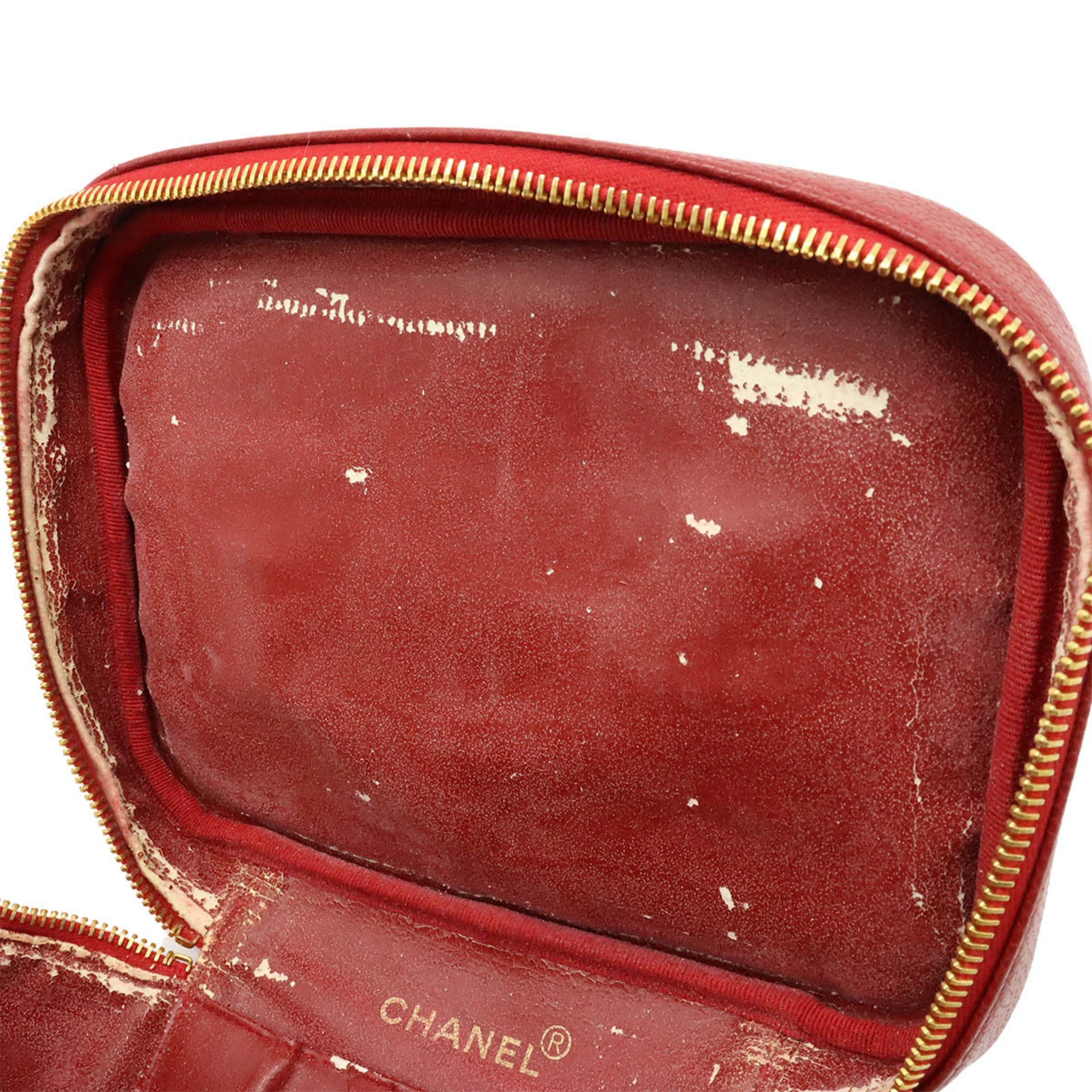 CHANEL Caviar Skin Vanity Bag Handbag Coco Mark Pouch Leather Red A01997