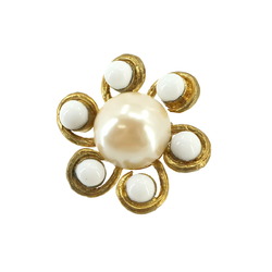 CHANEL Flower Faux Pearl Earrings Gold White 93P