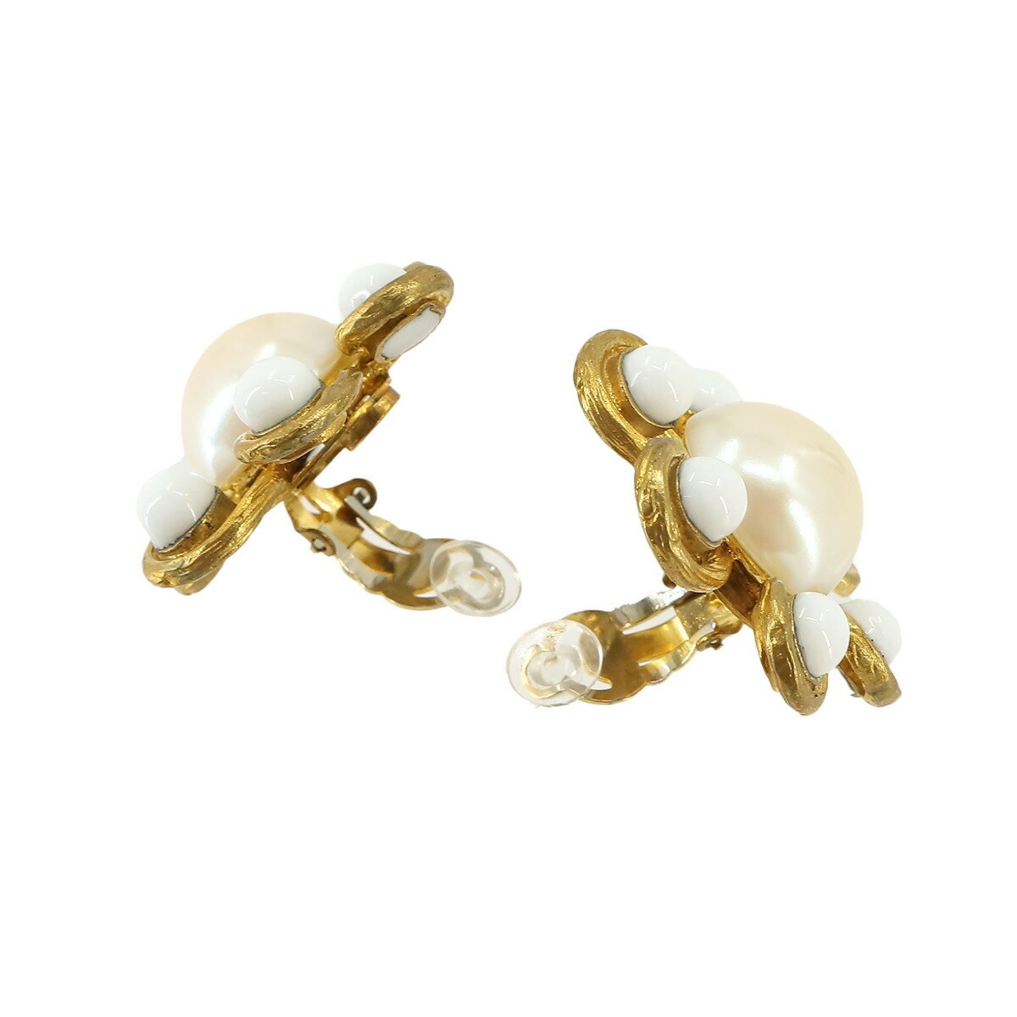 CHANEL Flower Faux Pearl Earrings Gold White 93P