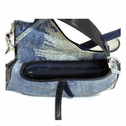 Christian Dior Trotter Double Saddle Bag Shoulder Denim Leather Blue Multicolor Silver Hardware