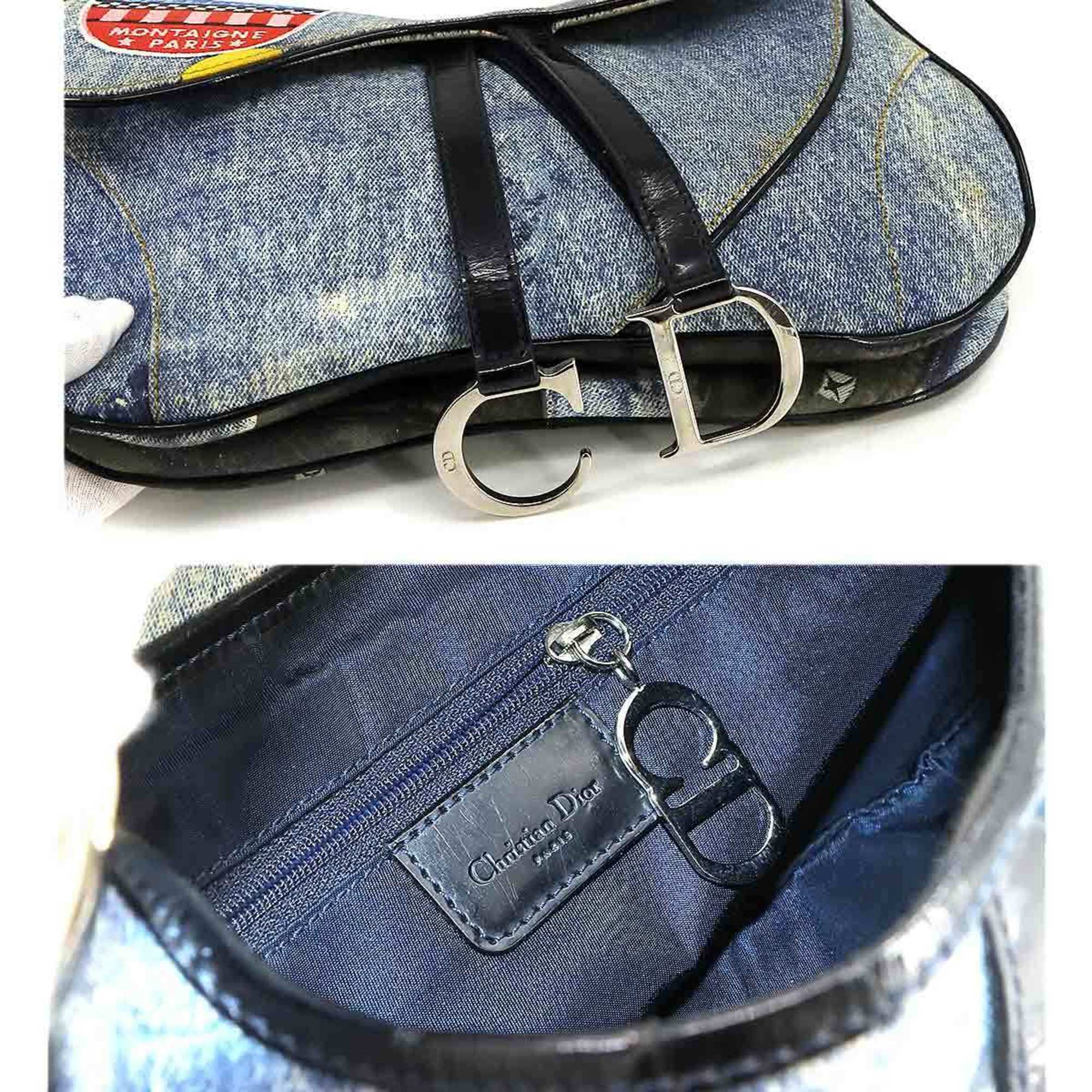 Christian Dior Trotter Double Saddle Bag Shoulder Denim Leather Blue Multicolor Silver Hardware