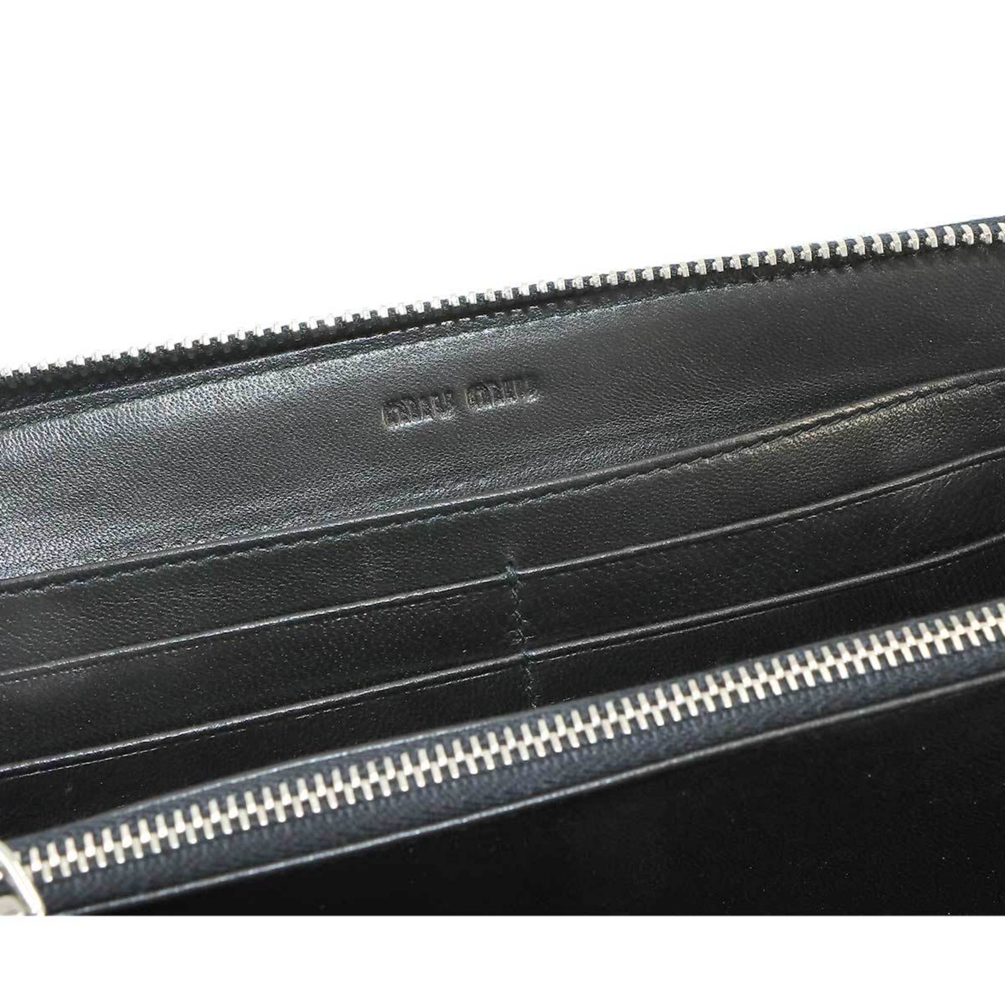 Miu Miu Miu Studded Round Long Wallet Leather Black 5M0506 Silver Metal Fittings