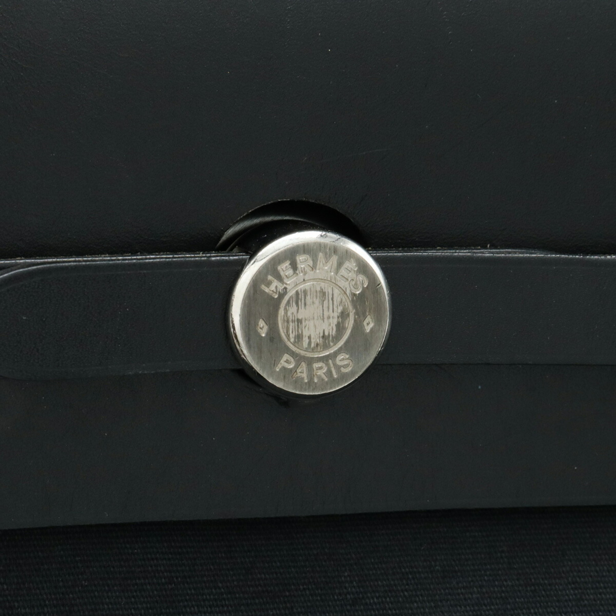 HERMES Hermes Airbag Ad PM Rucksack Backpack Handbag Toile Officier Leather Black F Stamp