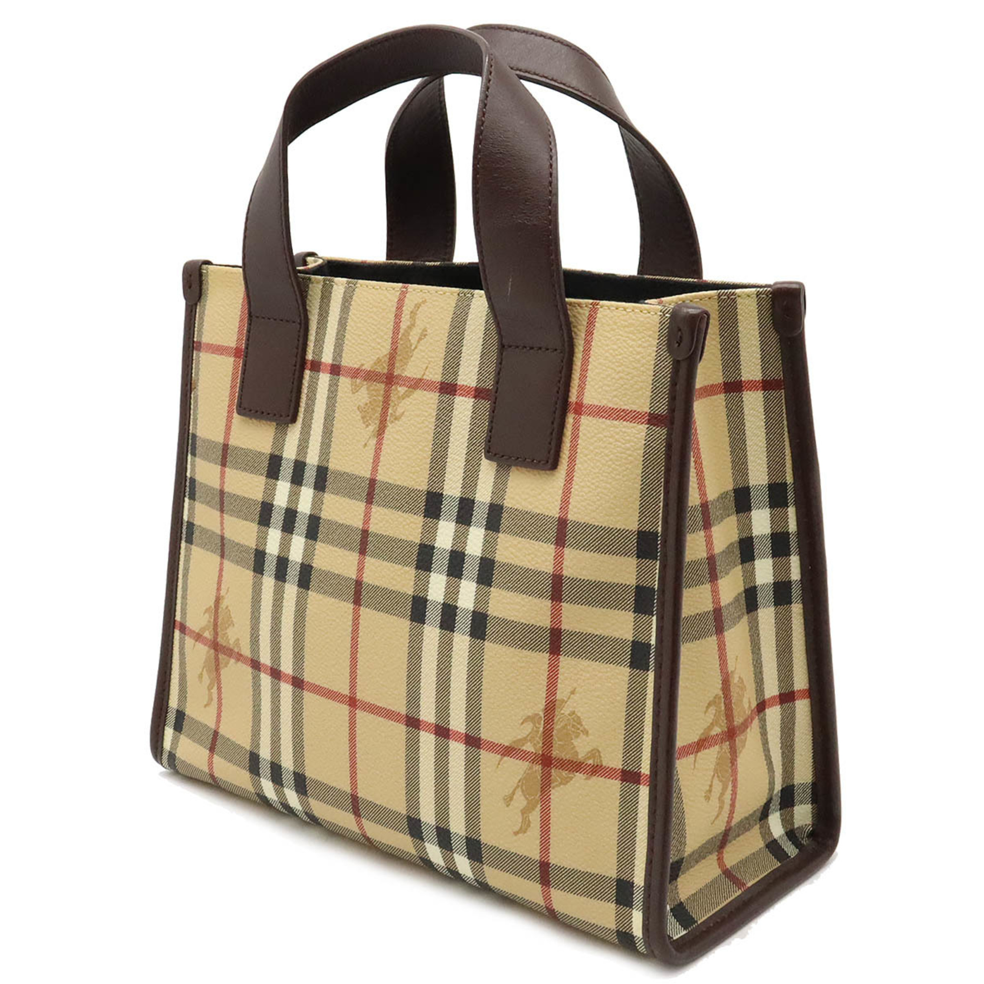BURBERRY Nova Check Pattern Tote Bag Handbag PVC Leather Beige Dark Brown Red