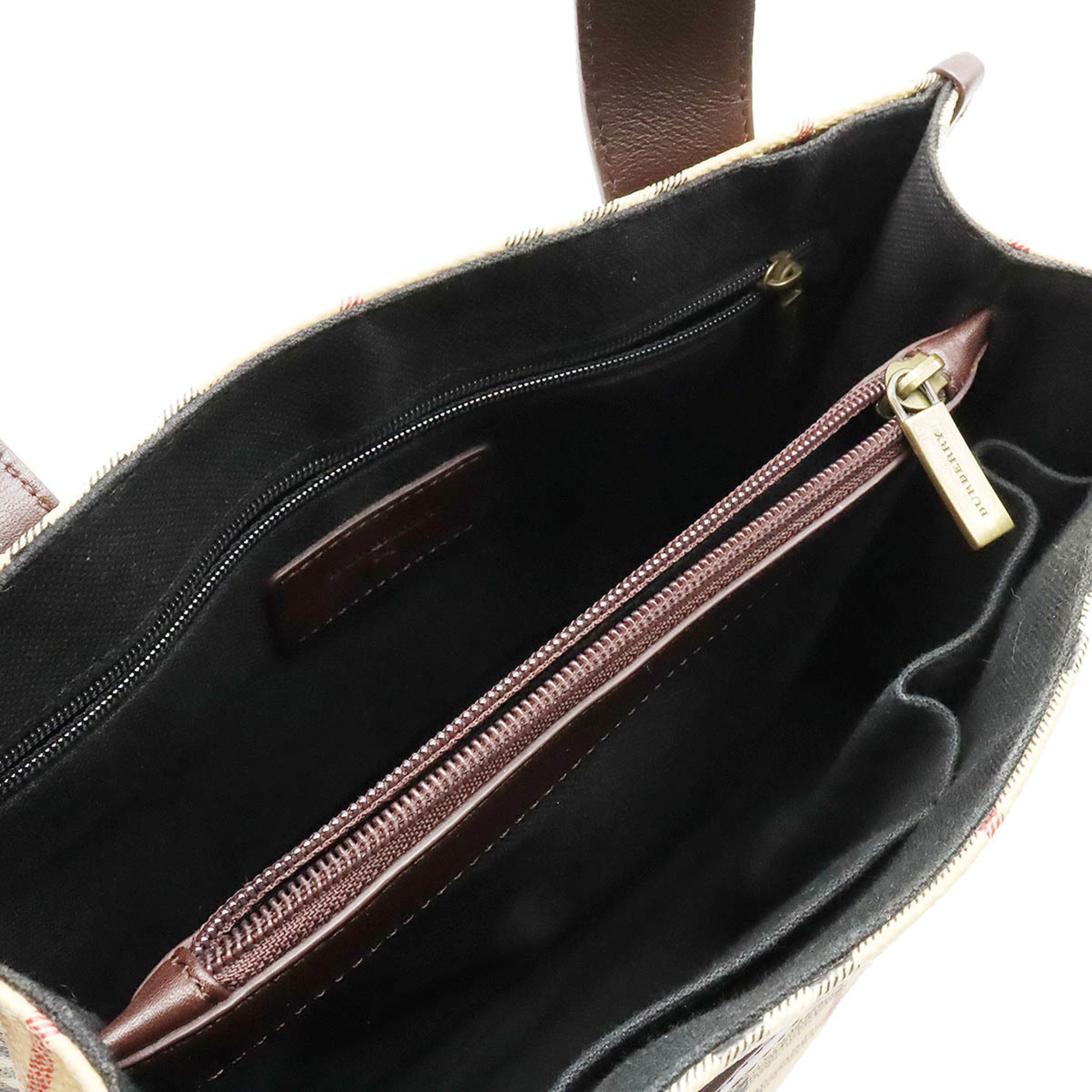 BURBERRY Nova Check Pattern Tote Bag Handbag PVC Leather Beige Dark Brown Red