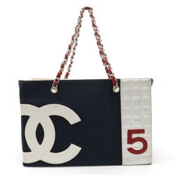 CHANEL Coco Mark No.5 Tote Bag Shoulder Chain Canvas Leather Navy Red Silver A18644