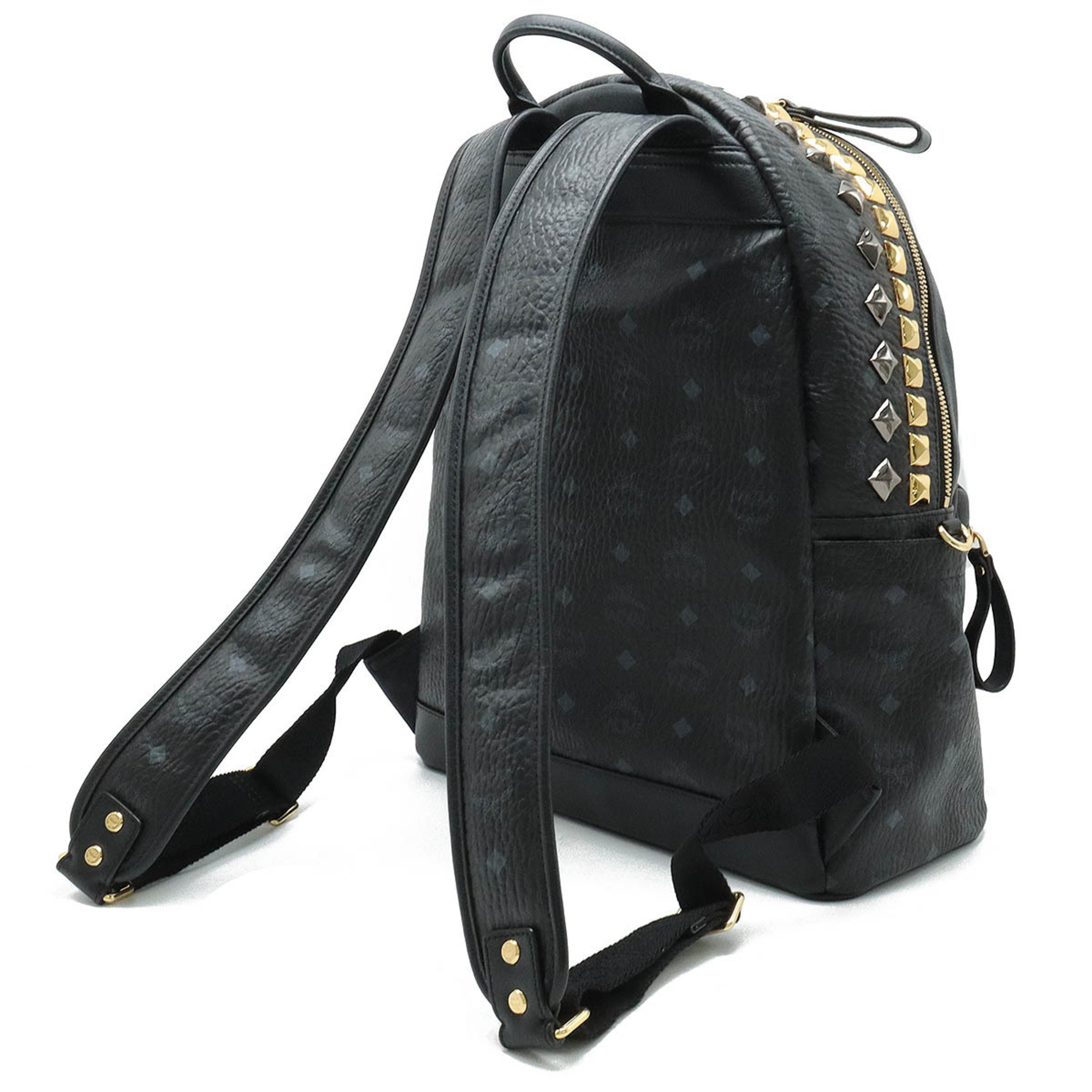 MCM Glam Visetos Backpack Rucksack Daypack Coated Canvas Leather Studs Black MMK4AVE51BK001