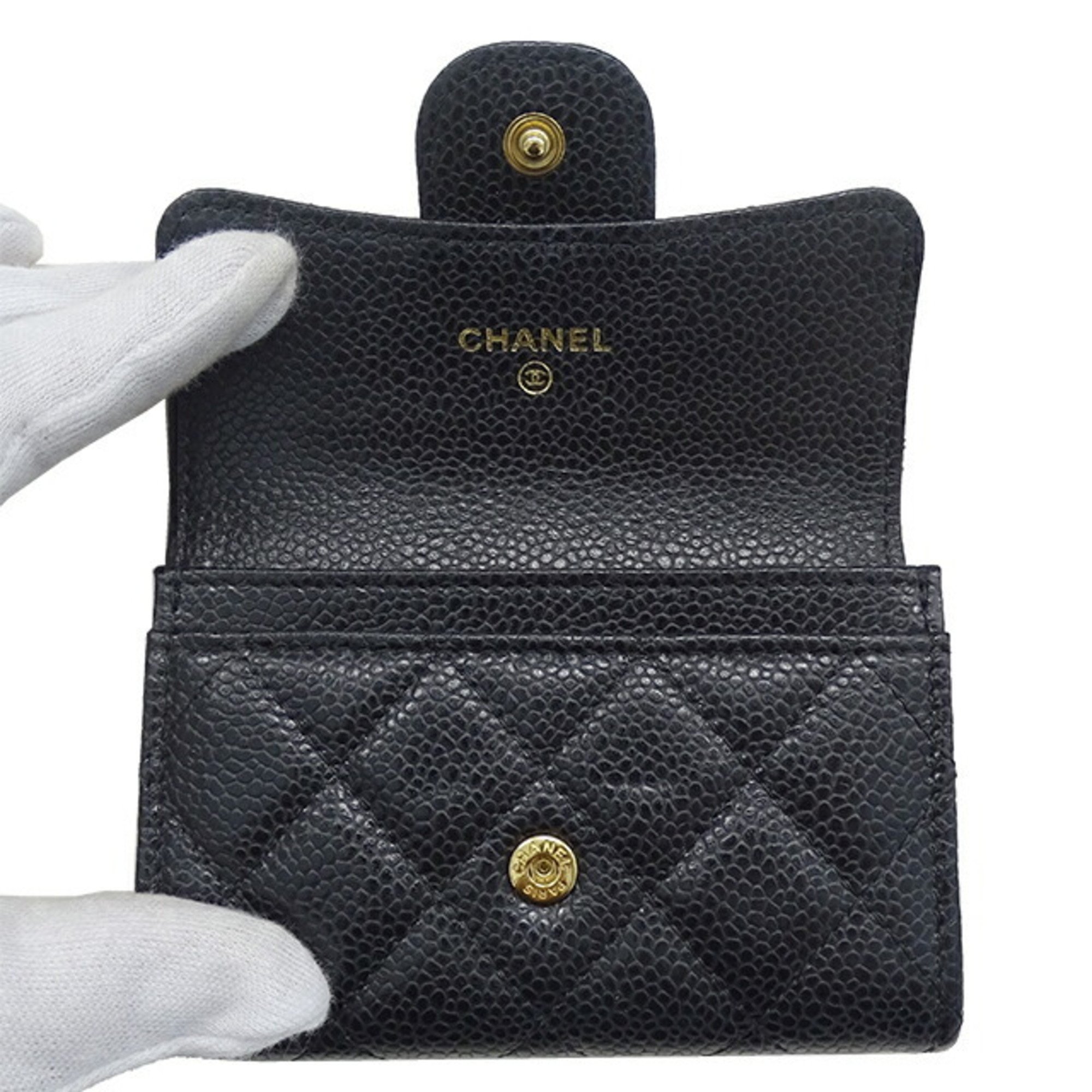 CHANEL Card Case Matelasse Women's Caviar Skin Black Compact