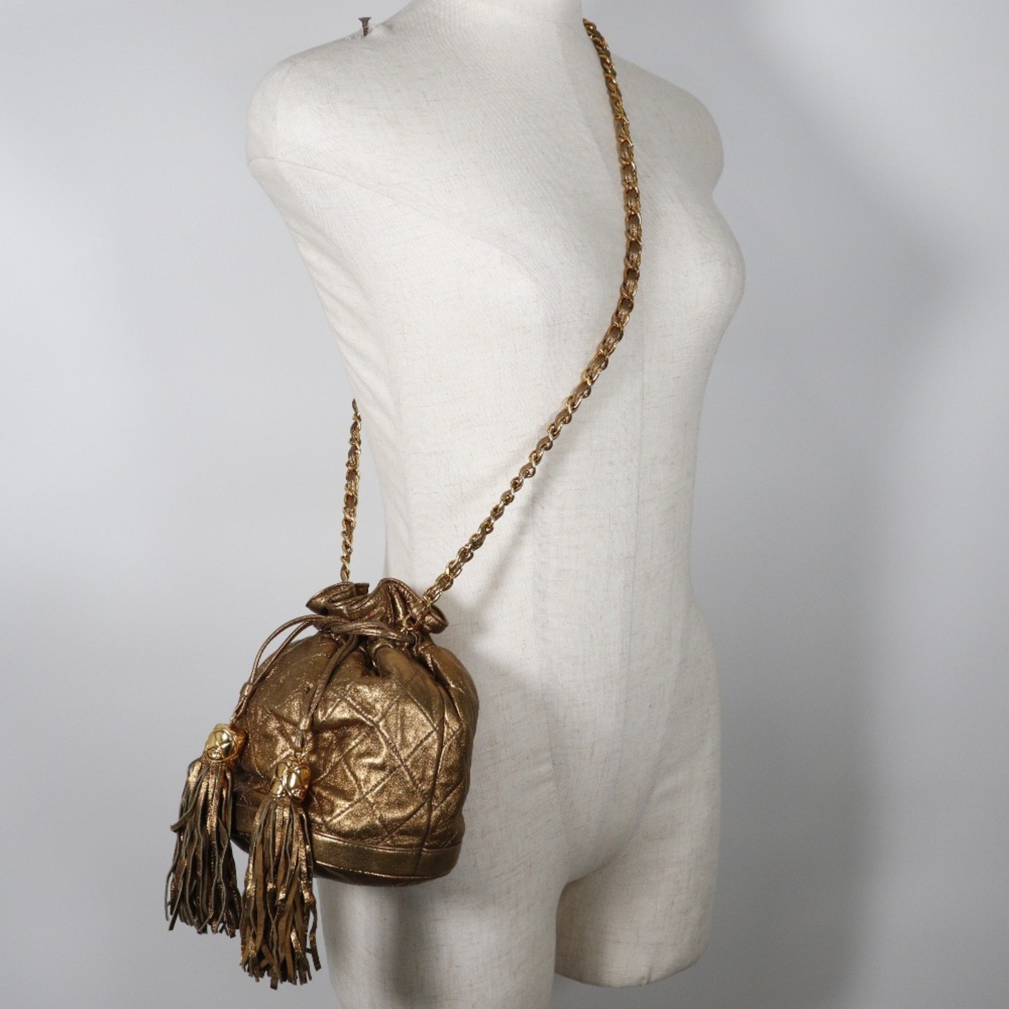 CHANEL Kinchaku Shoulder Bag, Calfskin, 1990, Fringe Shoulder, Women's, I131824075