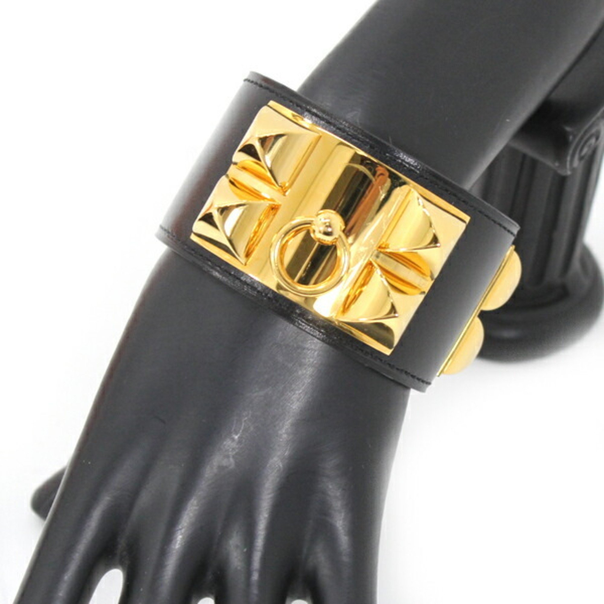Hermes Collier de Chien Bracelet Bangle Black S Size X Engraved Calf Leather Men Women HERMES Fashion KM2662