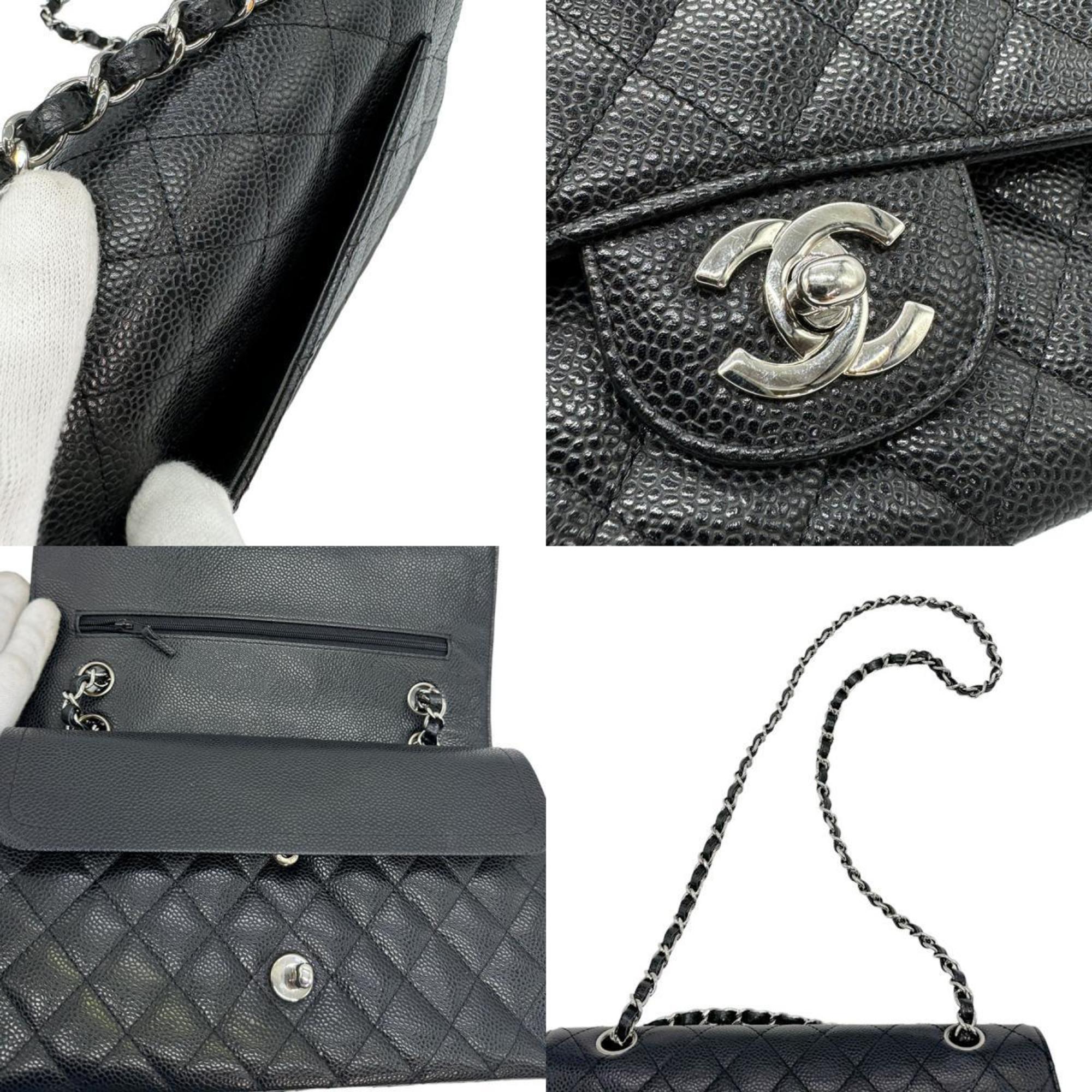 CHANEL Shoulder Bag Matelasse Caviar Skin Leather Black Silver Women's z0568