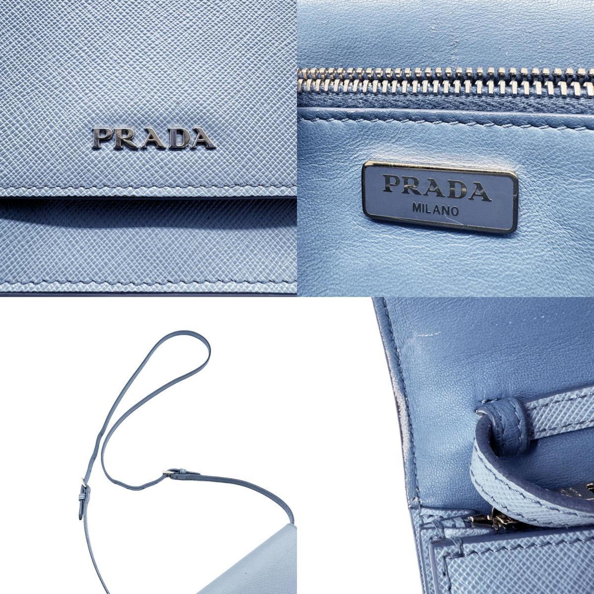 PRADA Shoulder Bag Wallet Leather Light Blue Women's z0437
