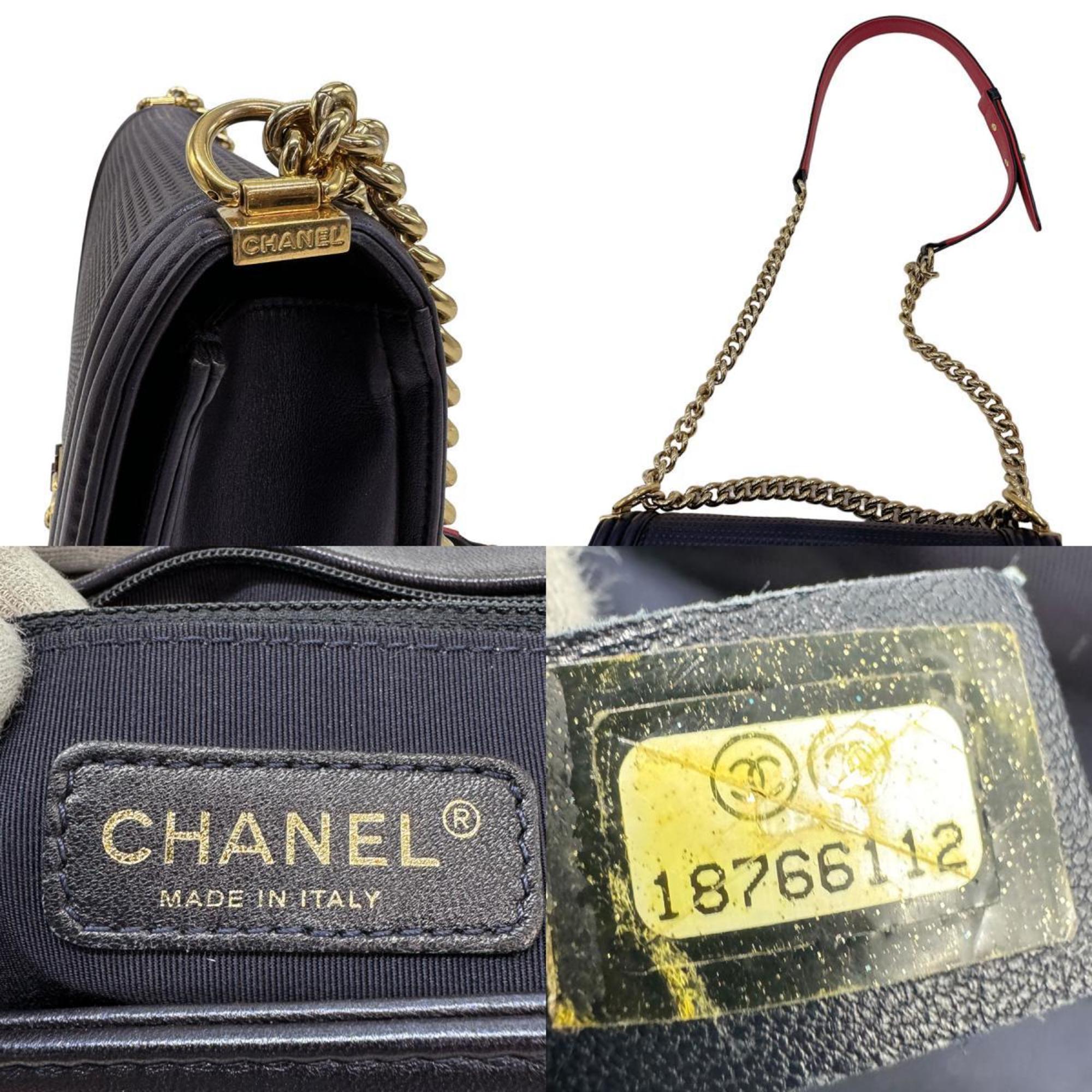 CHANEL Shoulder Bag Boy Chanel Leather Metallic Navy Women's A92095 z0601