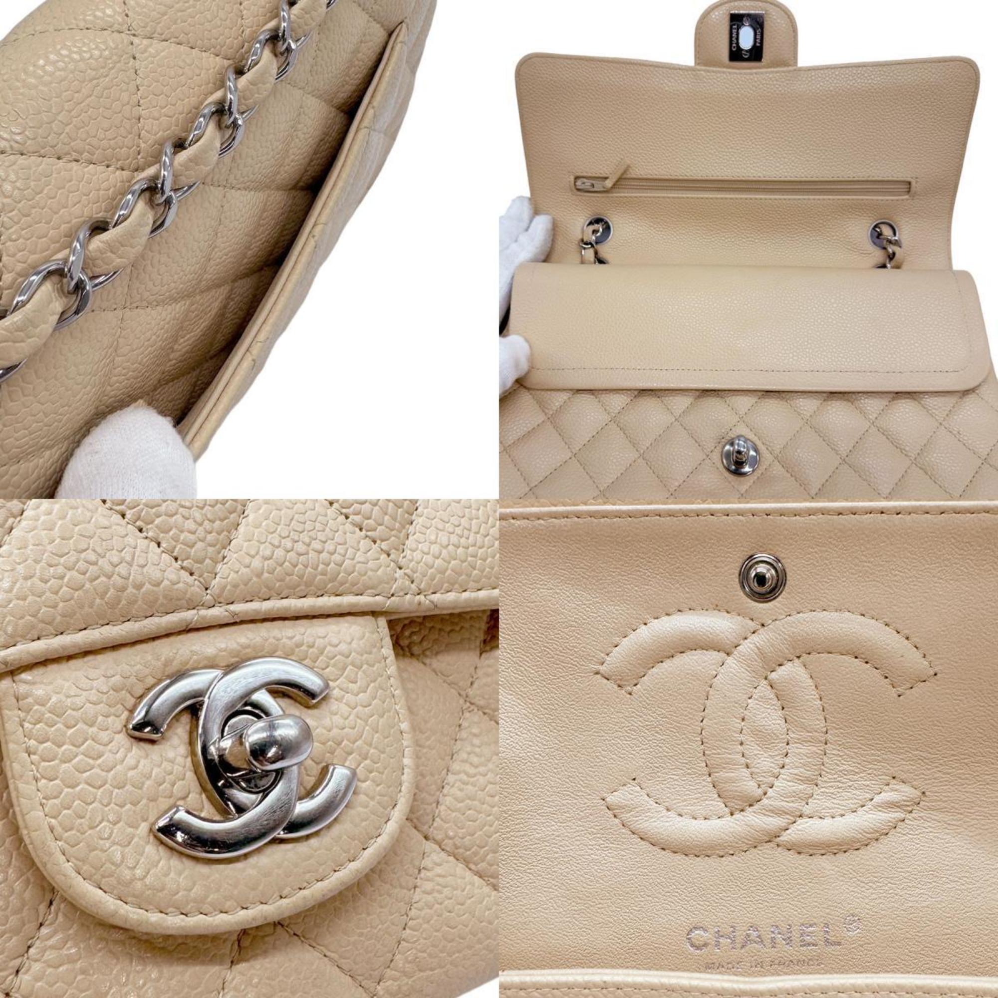 CHANEL Shoulder Bag Chain Matelasse Double Flap Caviar Leather/Metal Light Beige/Silver Women's z0577