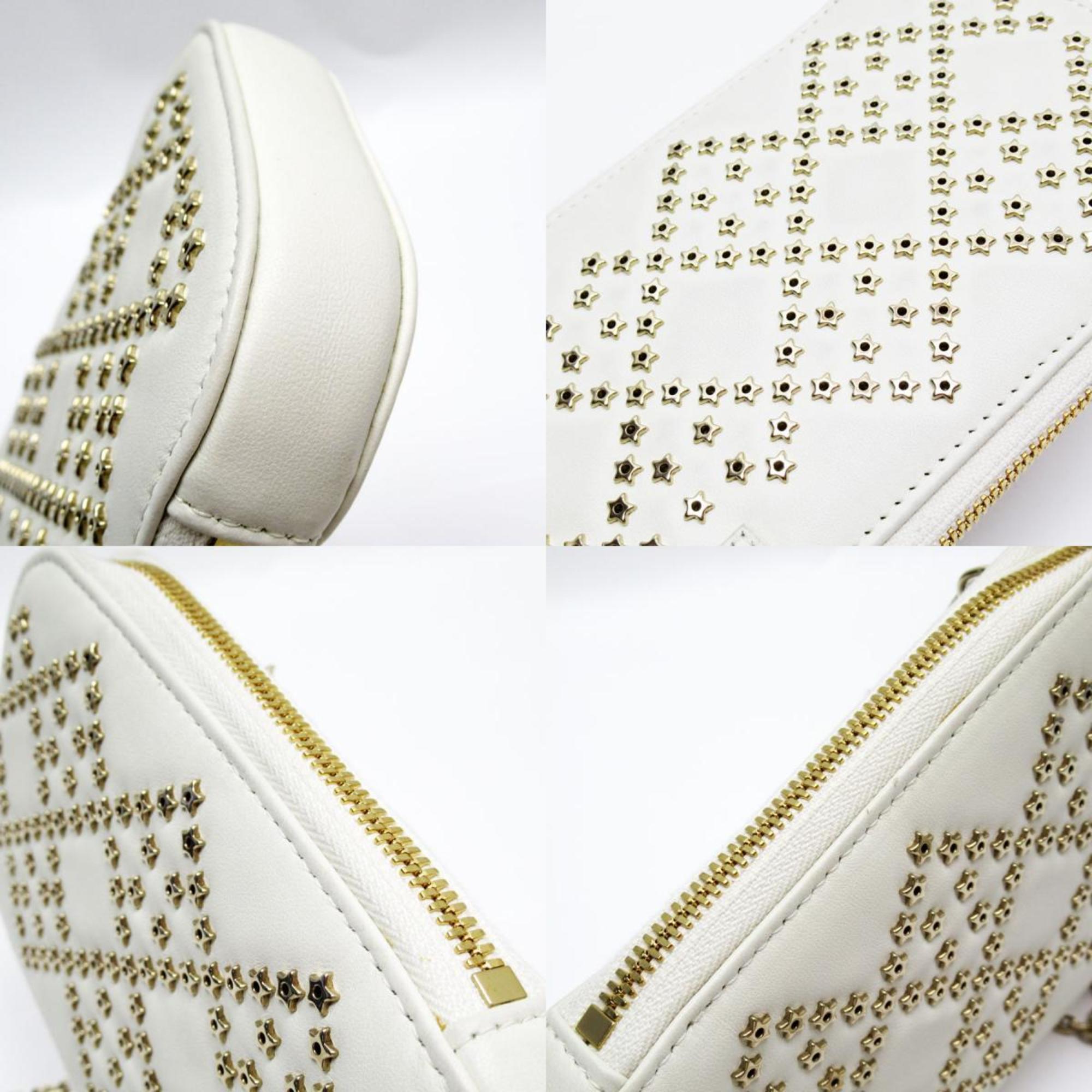 Christian Dior Phone Folder Shoulder Bag Leather/Metal Off-White/Gold Women's w0151g