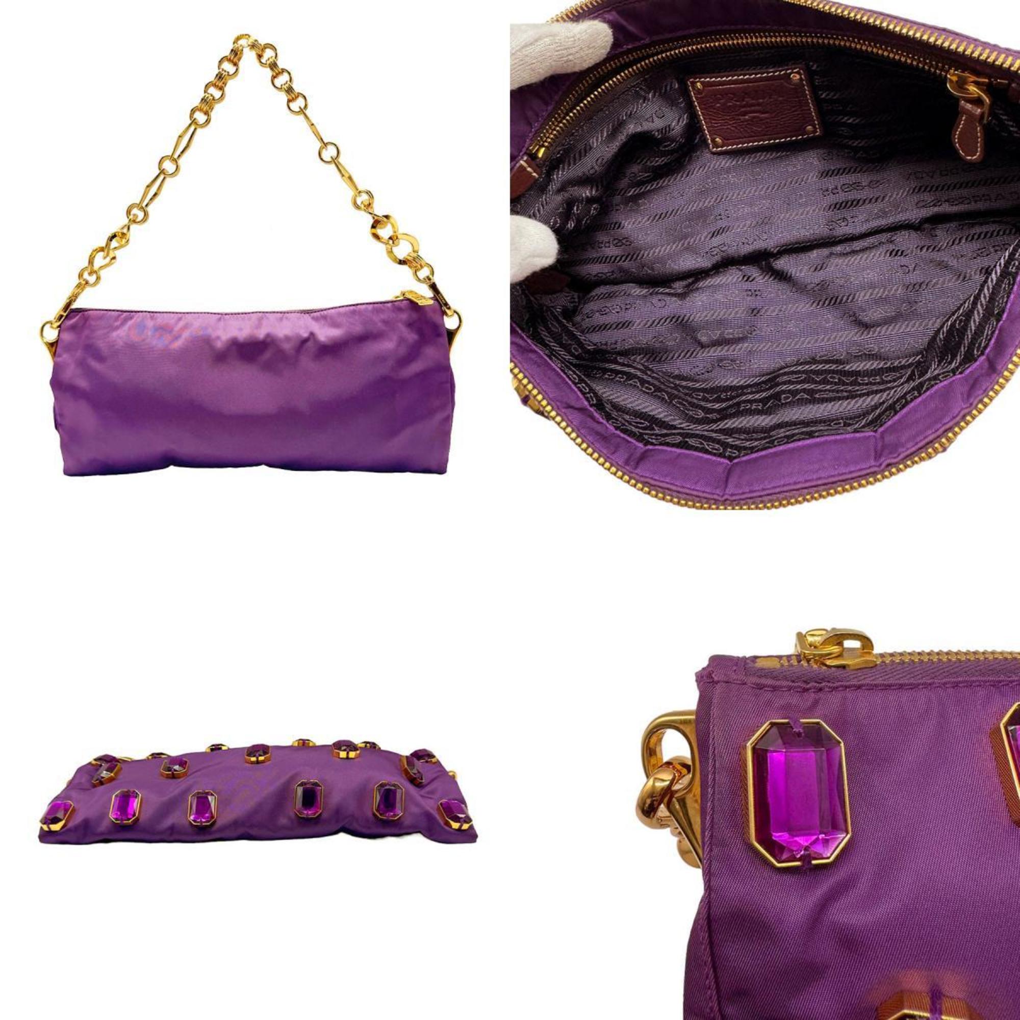 PRADA Shoulder Bag Beads Nylon/Metal Purple/Gold Women's z0494