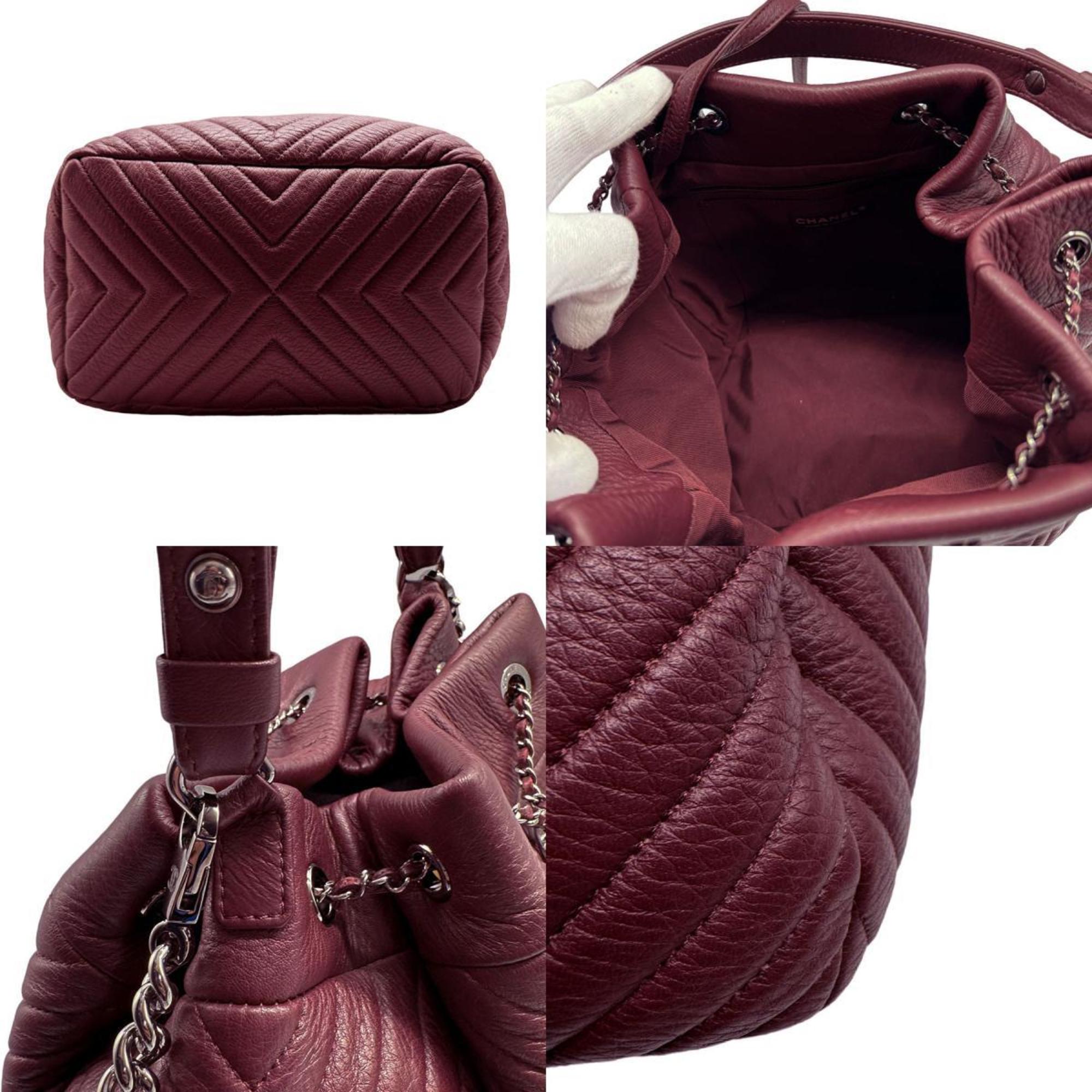 CHANEL Shoulder Bag Handbag V Stitch Leather Bordeaux Women's z0456