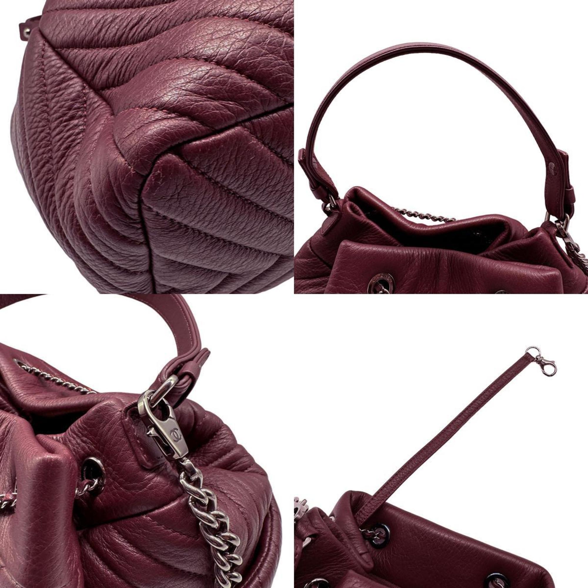 CHANEL Shoulder Bag Handbag V Stitch Leather Bordeaux Women's z0456