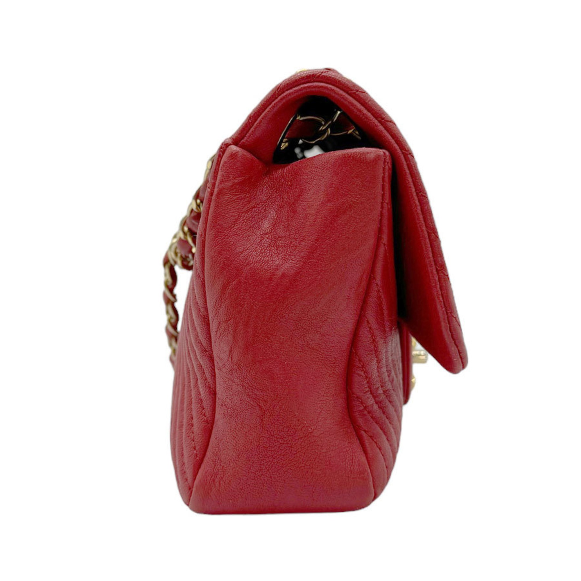 CHANEL Shoulder Bag Chain V Stitch Leather/Metal Red/Gold Women's z0561
