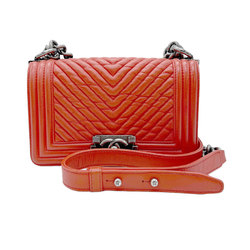 CHANEL Shoulder Bag Boy Chanel Leather Red Orange Women's z0565
