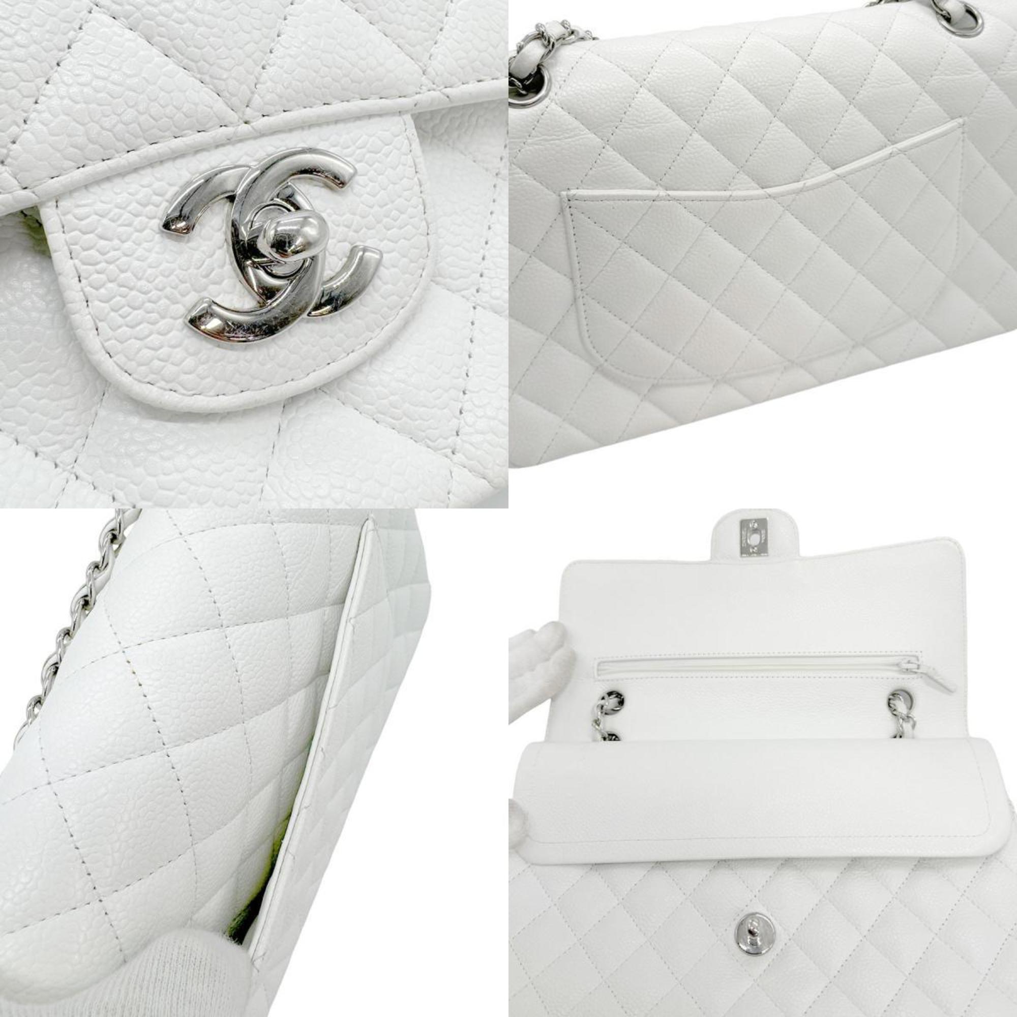 CHANEL Shoulder Bag Matelasse Caviar Skin Leather White Silver Women's z0567