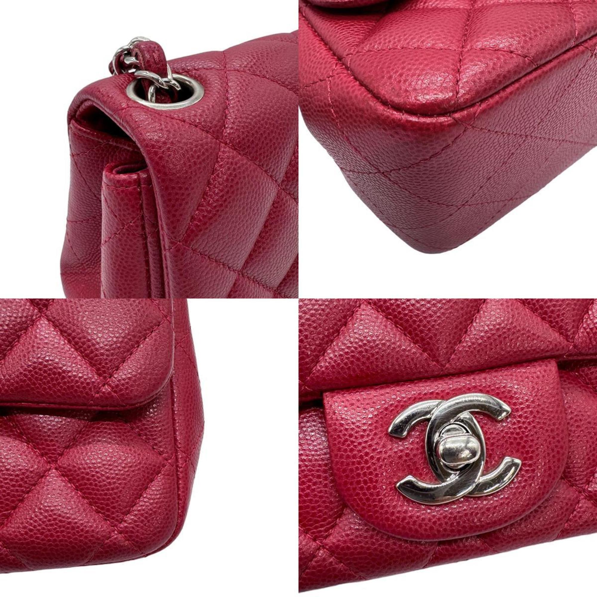CHANEL Shoulder Bag Matelasse Caviar Skin Leather Red Silver Women's z0551