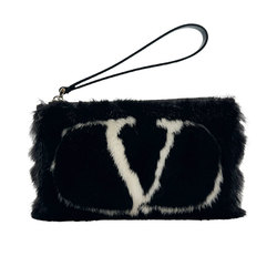 Valentino Garavani Clutch Bag Fur/Leather Black/White Women's z0431