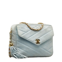 Chanel Bias Stitch Coco Mark Ball Chain Shoulder Bag Blue Gold Suede Women's CHANEL