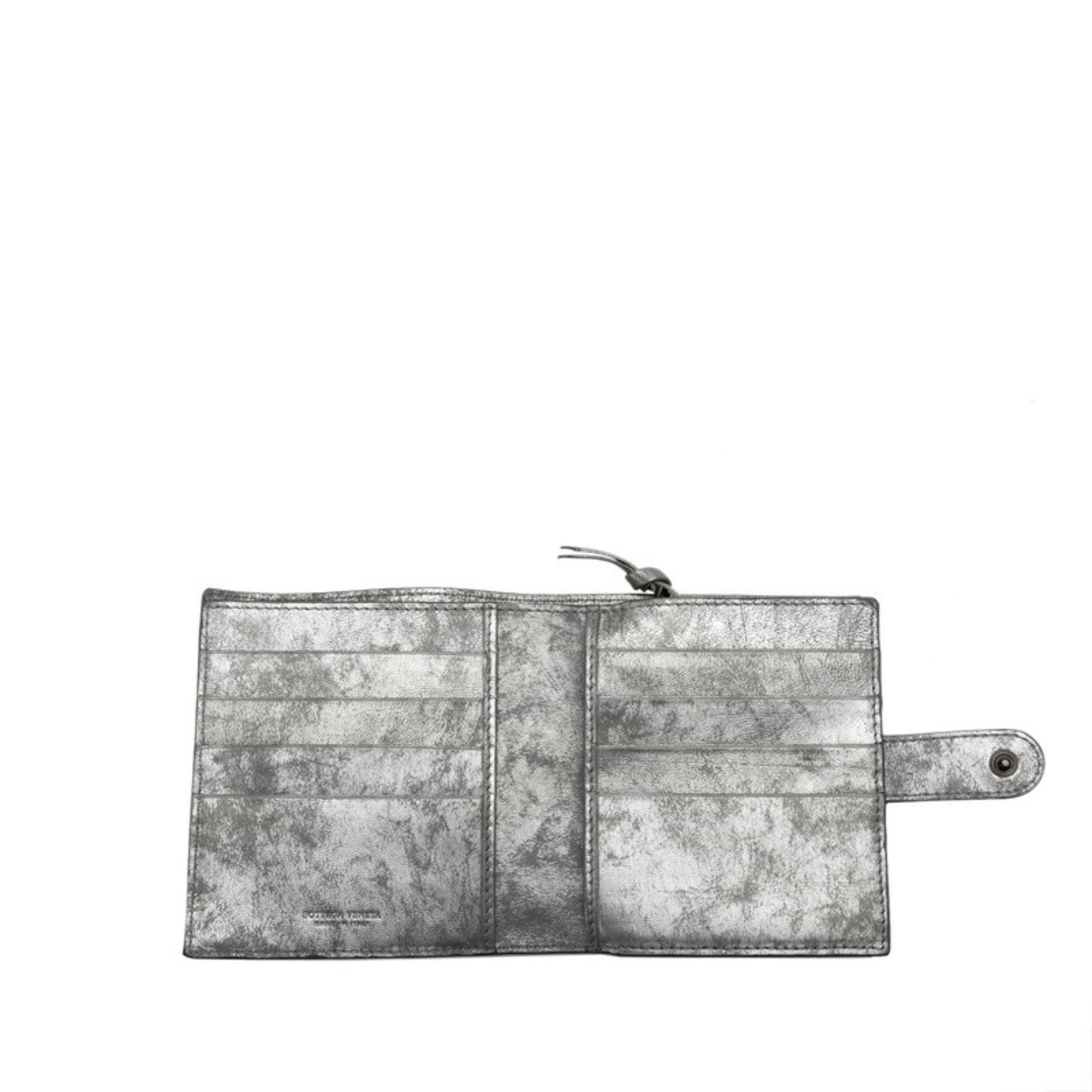 Bottega Veneta Intrecciato Bi-fold Wallet Compact Silver Leather Women's BOTTEGAVENETA