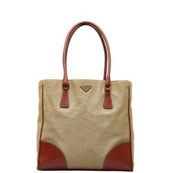 Prada Triangle Plate Handbag Tote Bag Khaki Brown Canvas Leather Women's PRADA