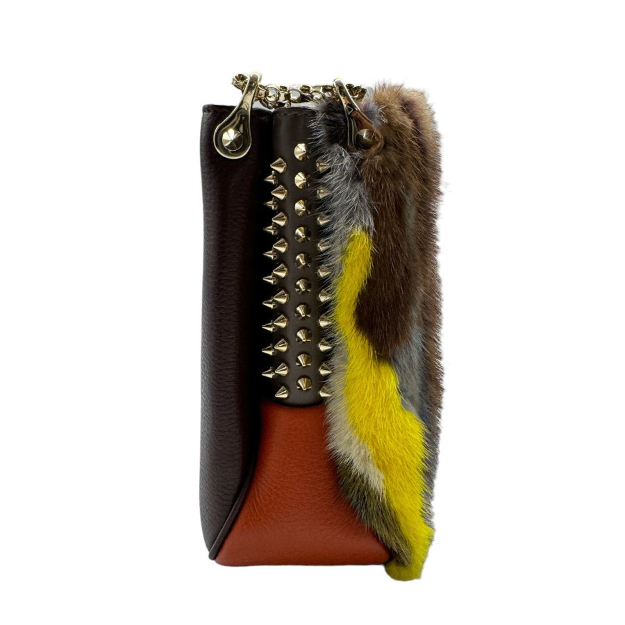 Christian Louboutin Shoulder Bag Leather/Fur Bordeaux x Orange Multicolor Women's z0442