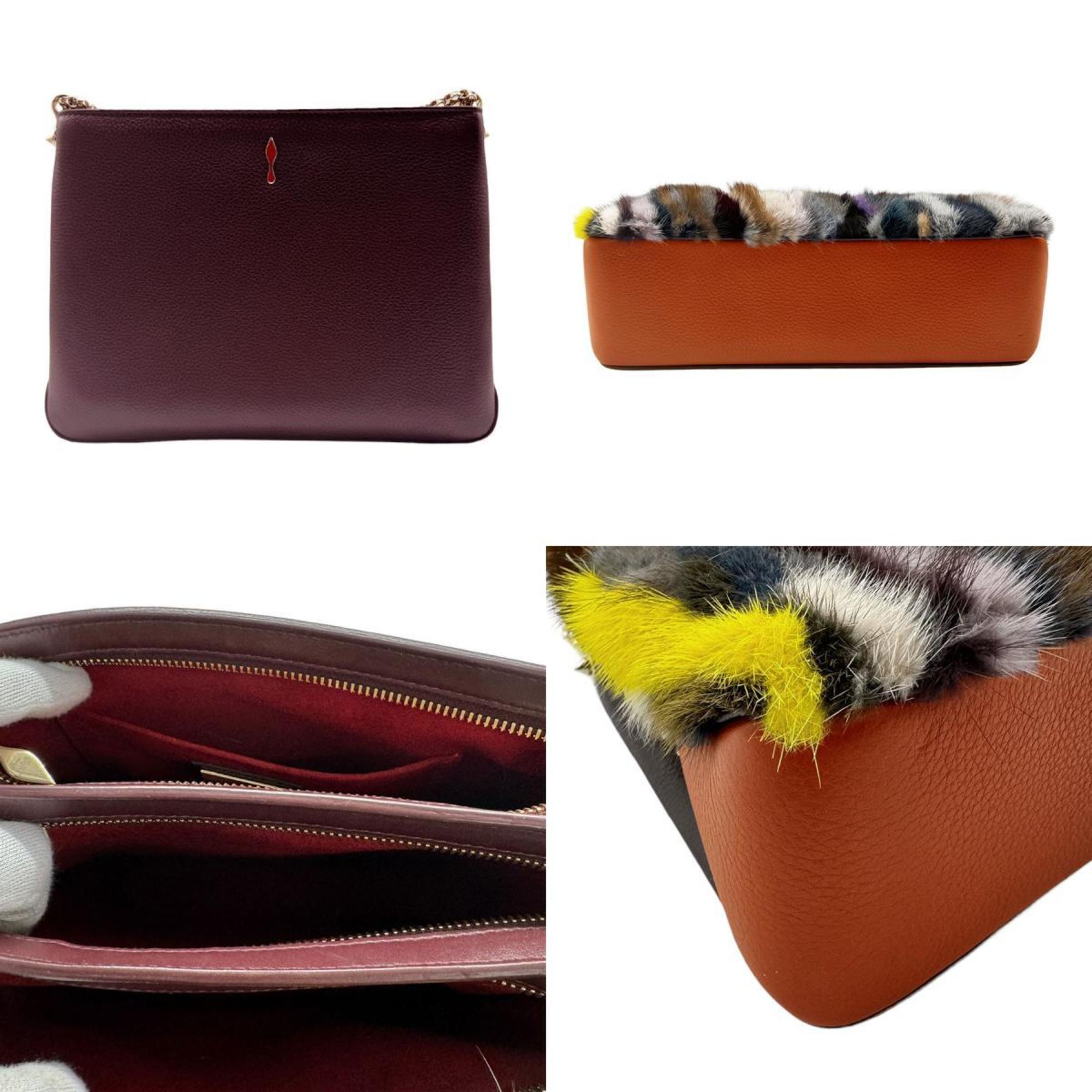Christian Louboutin Shoulder Bag Leather/Fur Bordeaux x Orange Multicolor Women's z0442