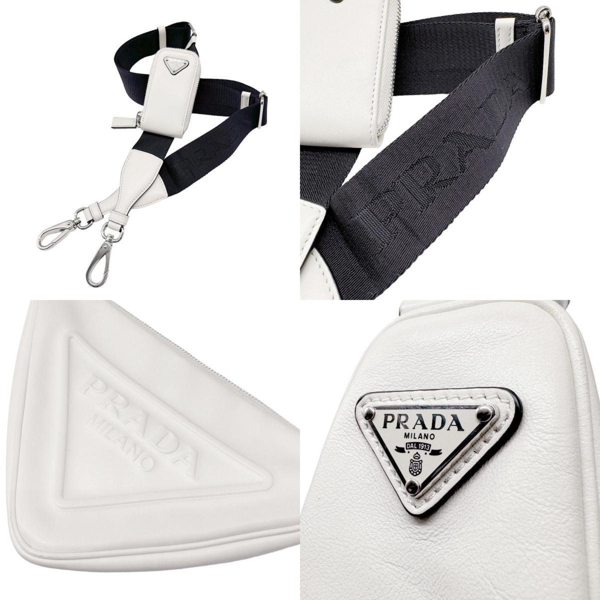 PRADA Shoulder Bag Triangle Leather/Canvas Off-White/Black Silver Women's z0477