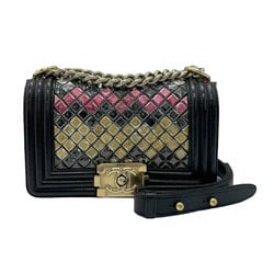 CHANEL Shoulder Bag Boy Chanel Leather Black Gold Women's z0540